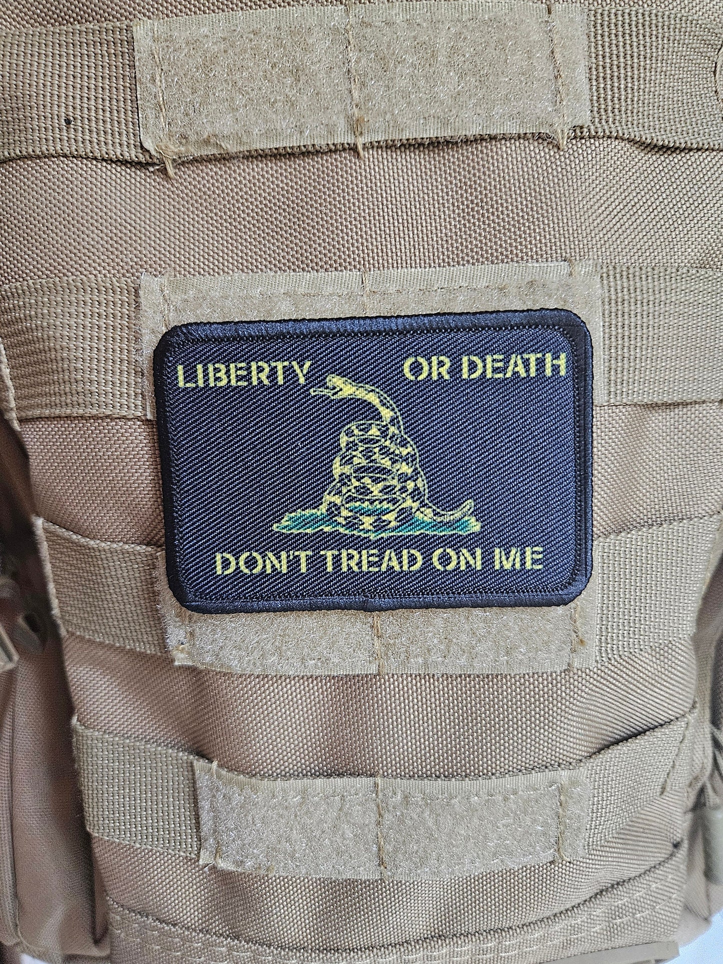 Black Liberty or death Gadsden flag don't tread on me 2"x3" morale patch with hook and loop backing