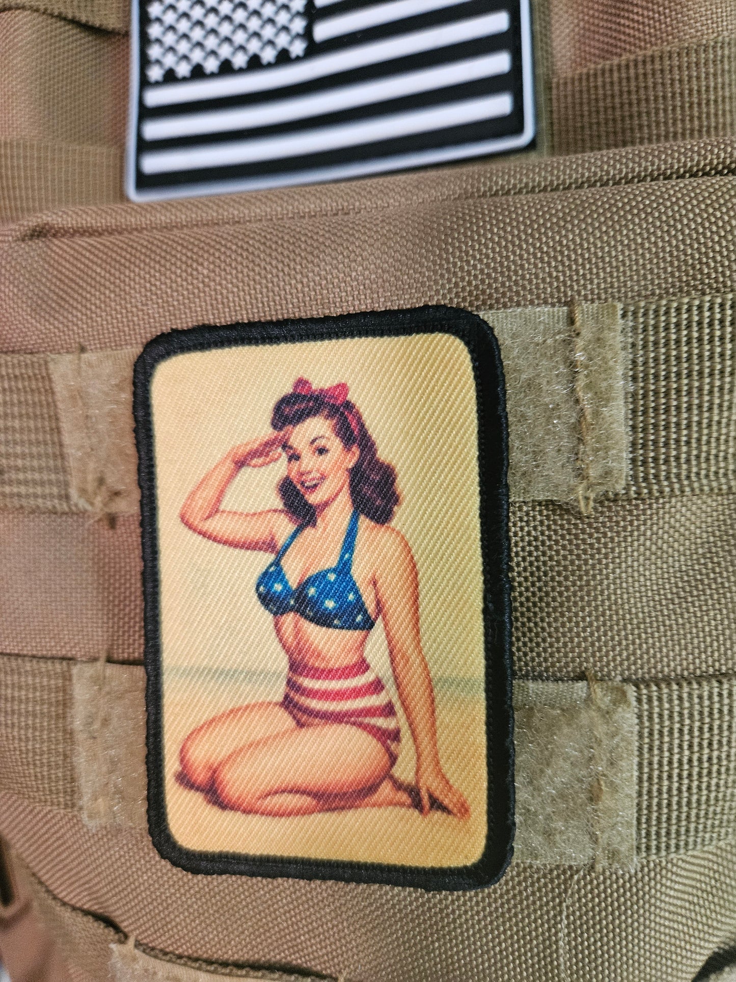 World War 2 wwii brunette pinup girl 2"x3" removable morale patch with hook and loop backing