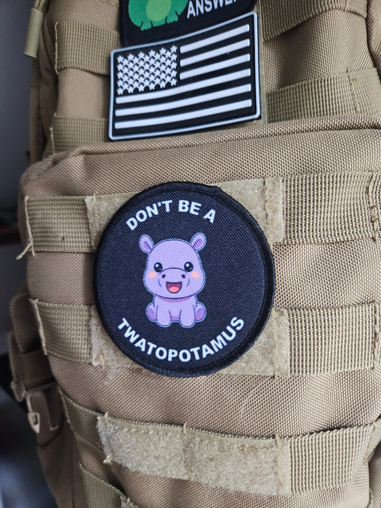 Don't be a twatopotamus hippo meme 3" circle removable morale patch with hook and loop backing
