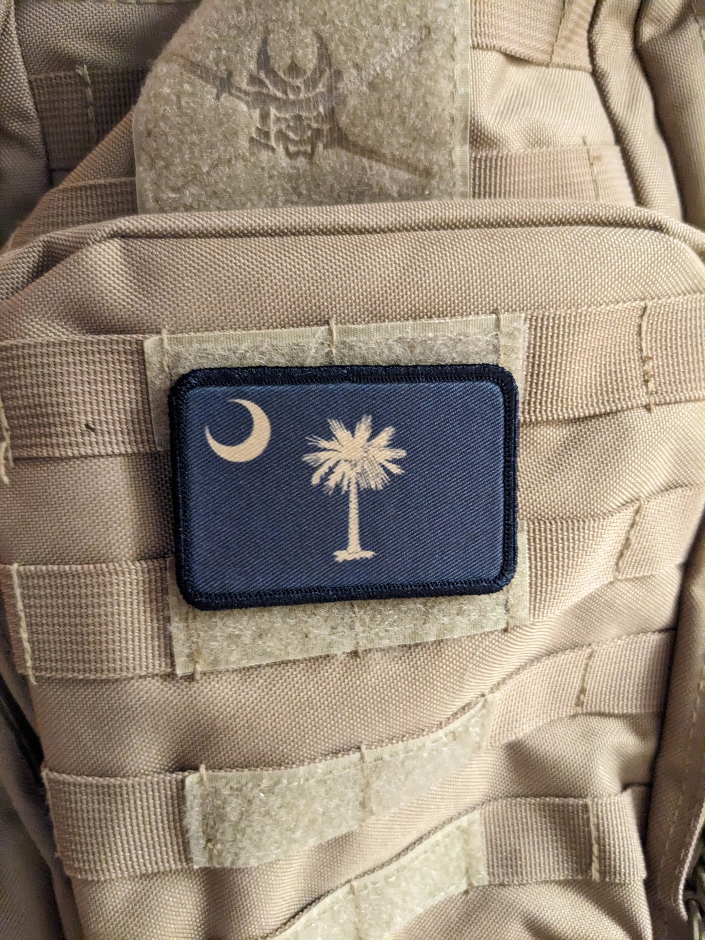 Subdued tan and brown South Carolina state flag removable patch 2"x3" morale patch with hook and loop backing