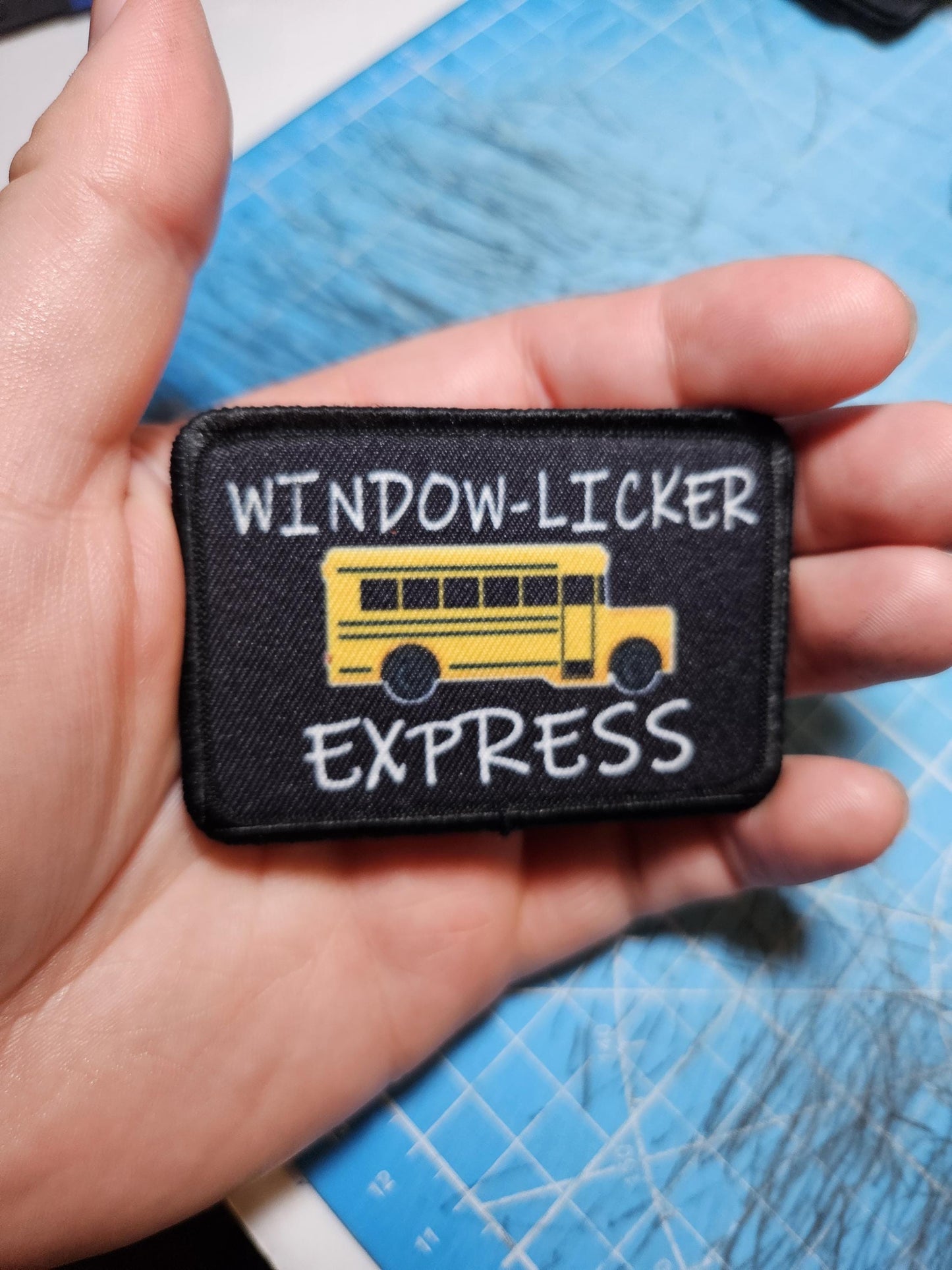 Window-licker express school bus driver funny 2"x3" removable morale patch with hook and loop backing