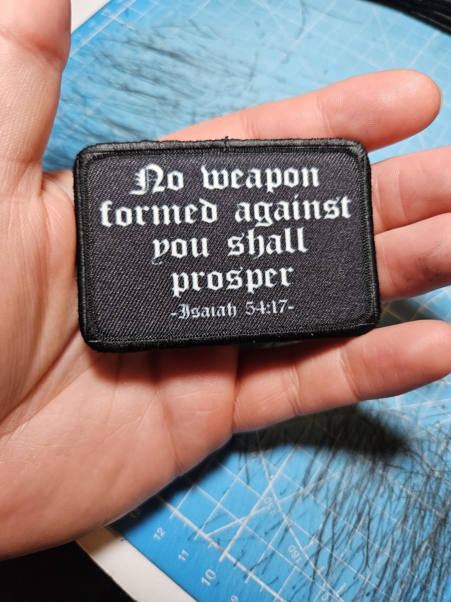 Isaiah 54:17 no weapon formed against me bible verse 2"x3" morale patch with hook and loop backing