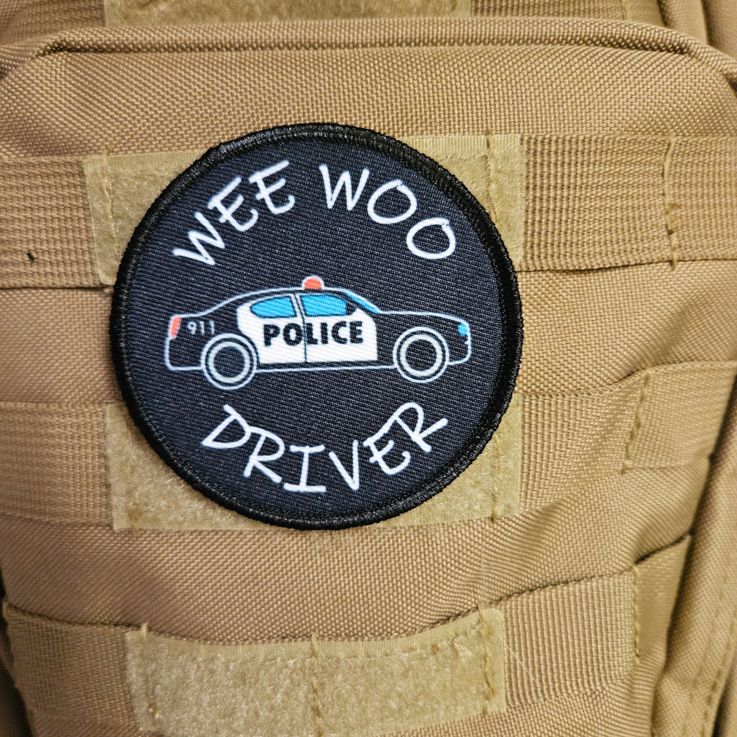 Wee woo driver police car driver funny 3" circle removable morale patch with hook and loop backing