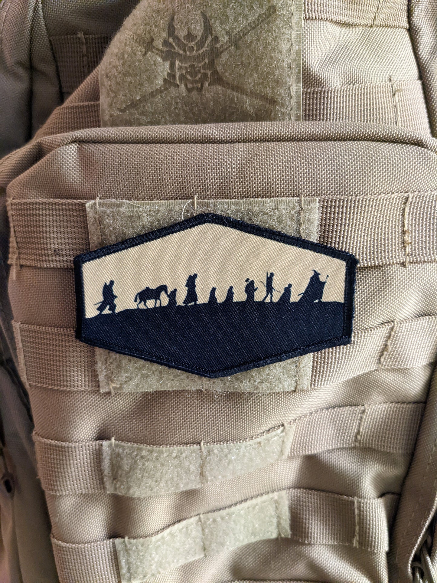 Lotr fellowship silhouette fantasy tan 4"x2.5" hexagon morale patch with hook and loop backing