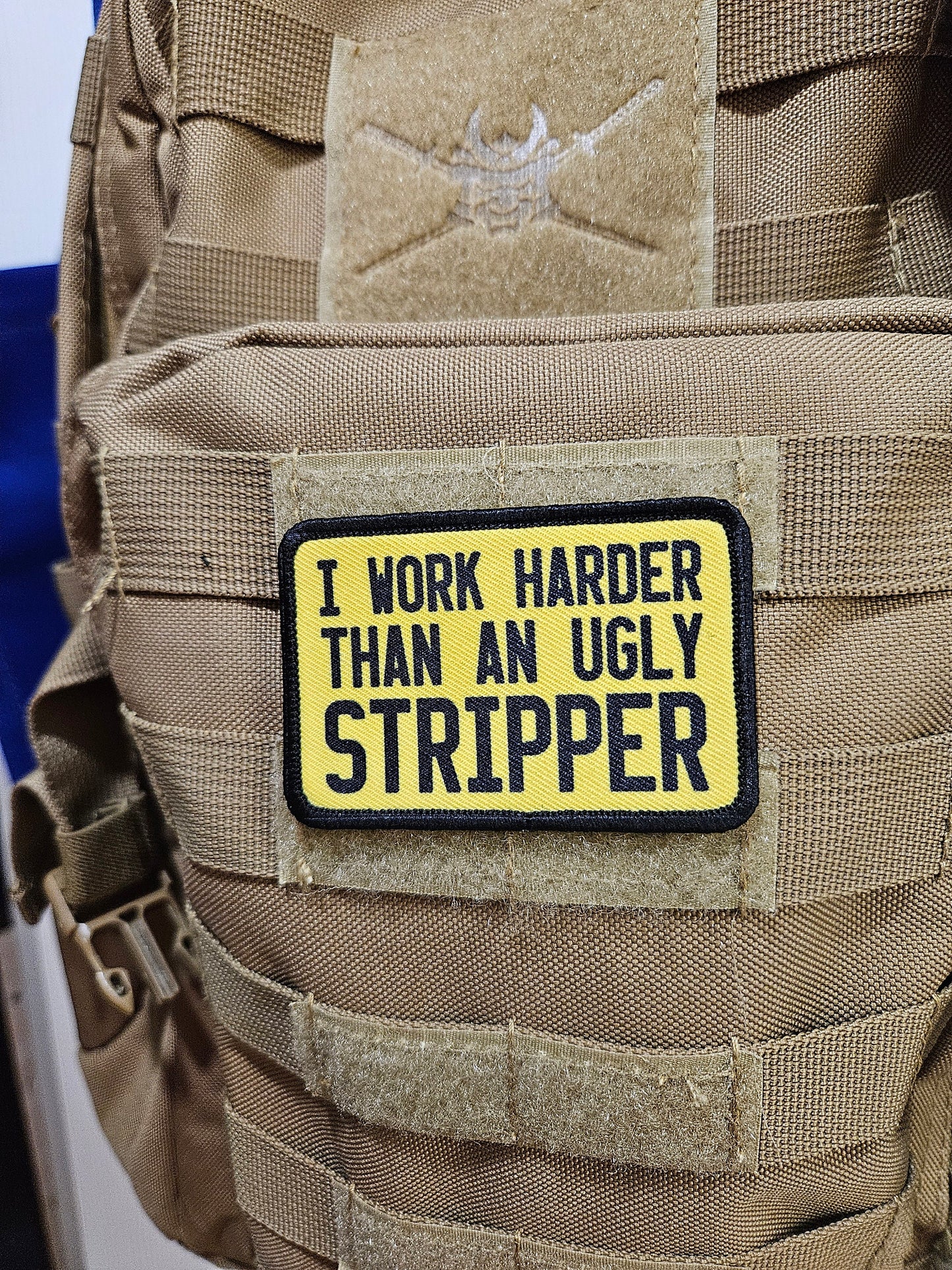 I work harder than an ugly stripper 2"x3" removable morale patch with hook and loop backing