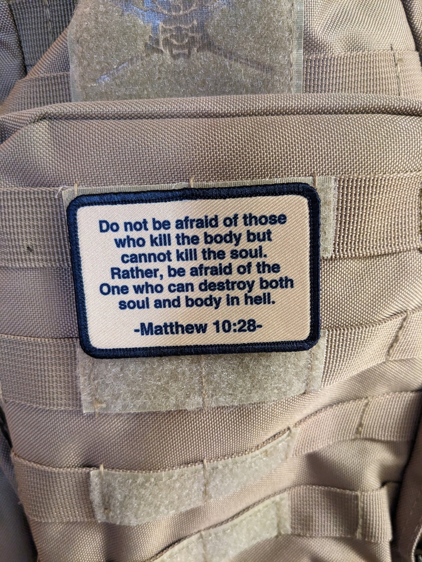 Bible verse Matthew 10:28 2"x3" tan removable morale patch with hook and loop for hat