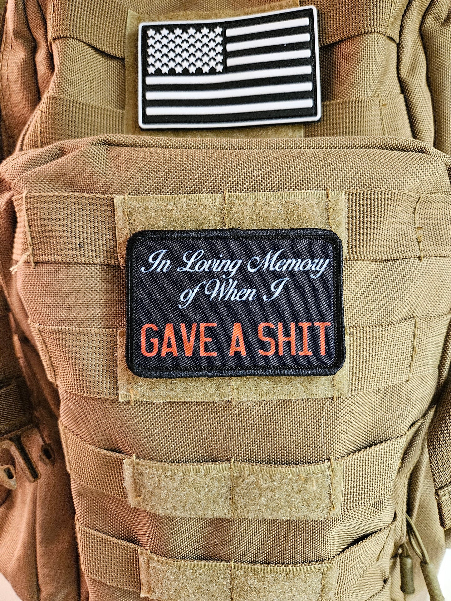 In loving memory of when i gave a shit meme 2"x3" removable morale patch with hook and loop backing