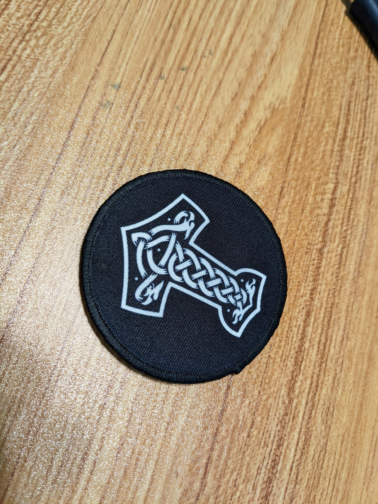 Thor's hammer rune black 3" circle removable morale patch with hook and loop for hat