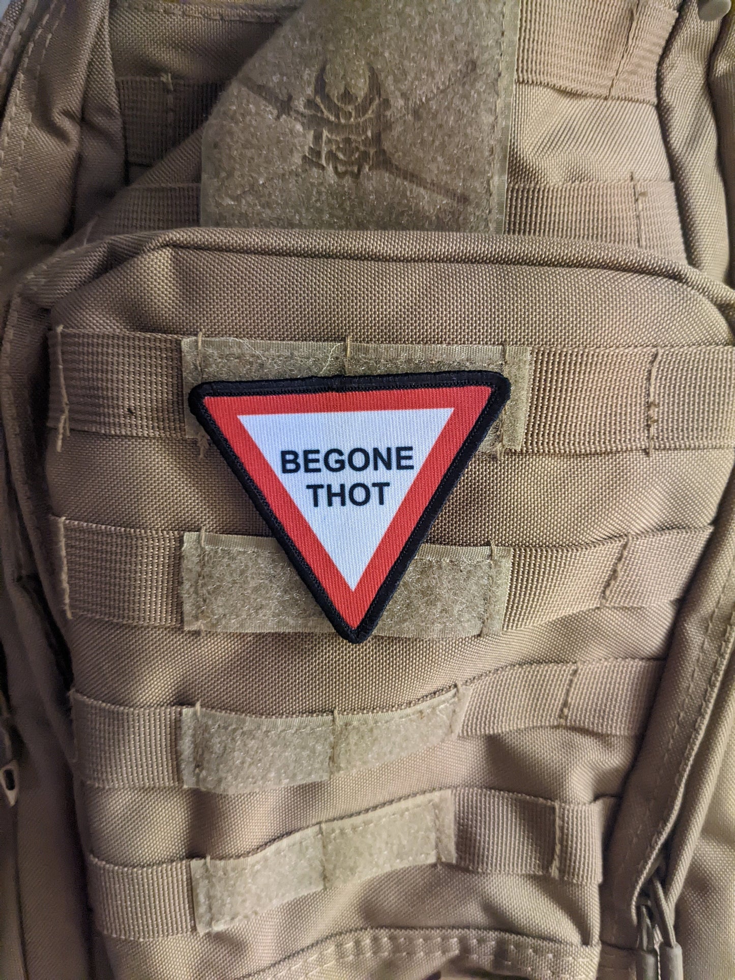 3"x3" triangle morale patch begone thot with hook and loop backing