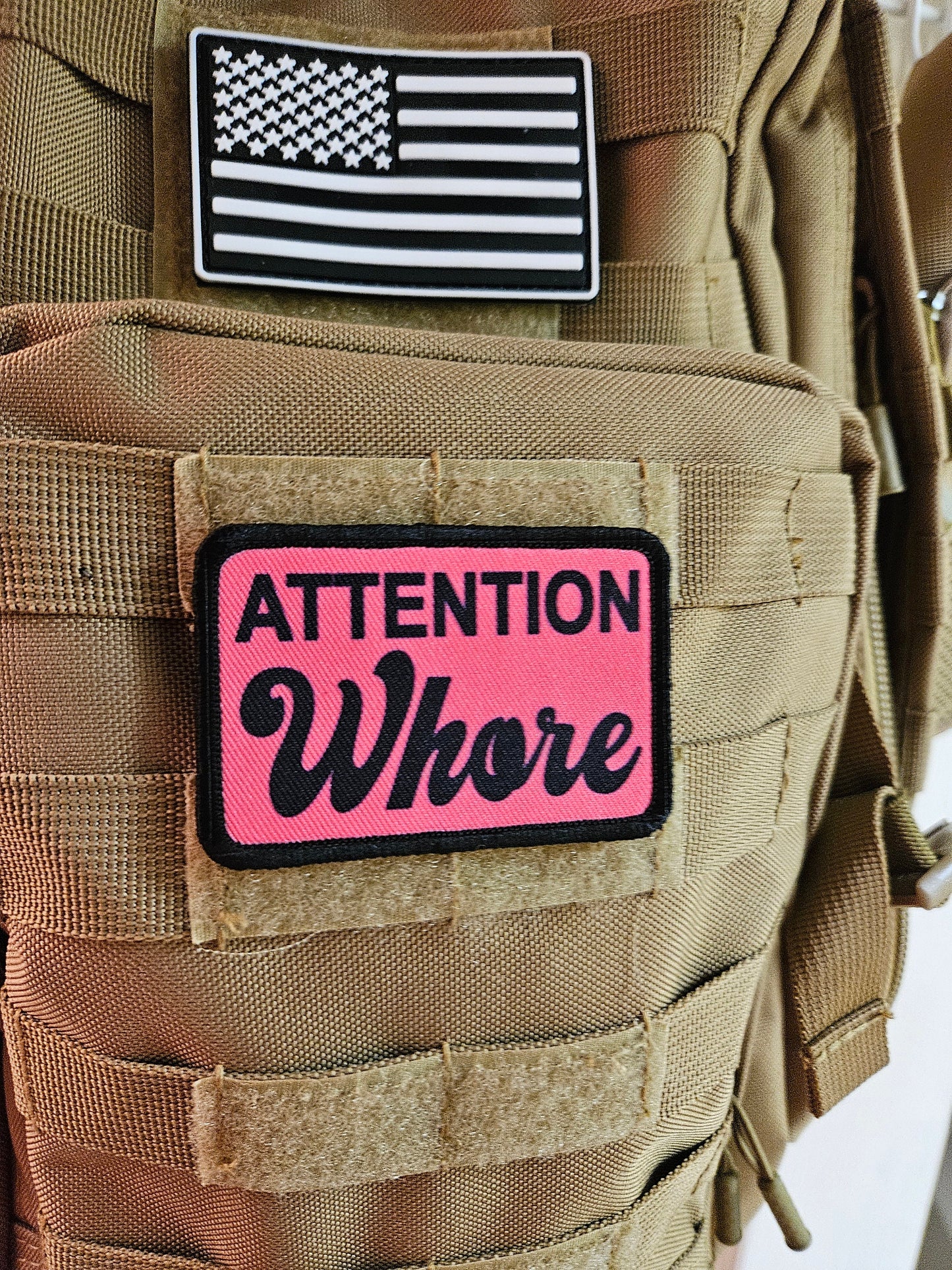 Attention whore meme pink 2"x3" removable morale patch with hook and loop backing