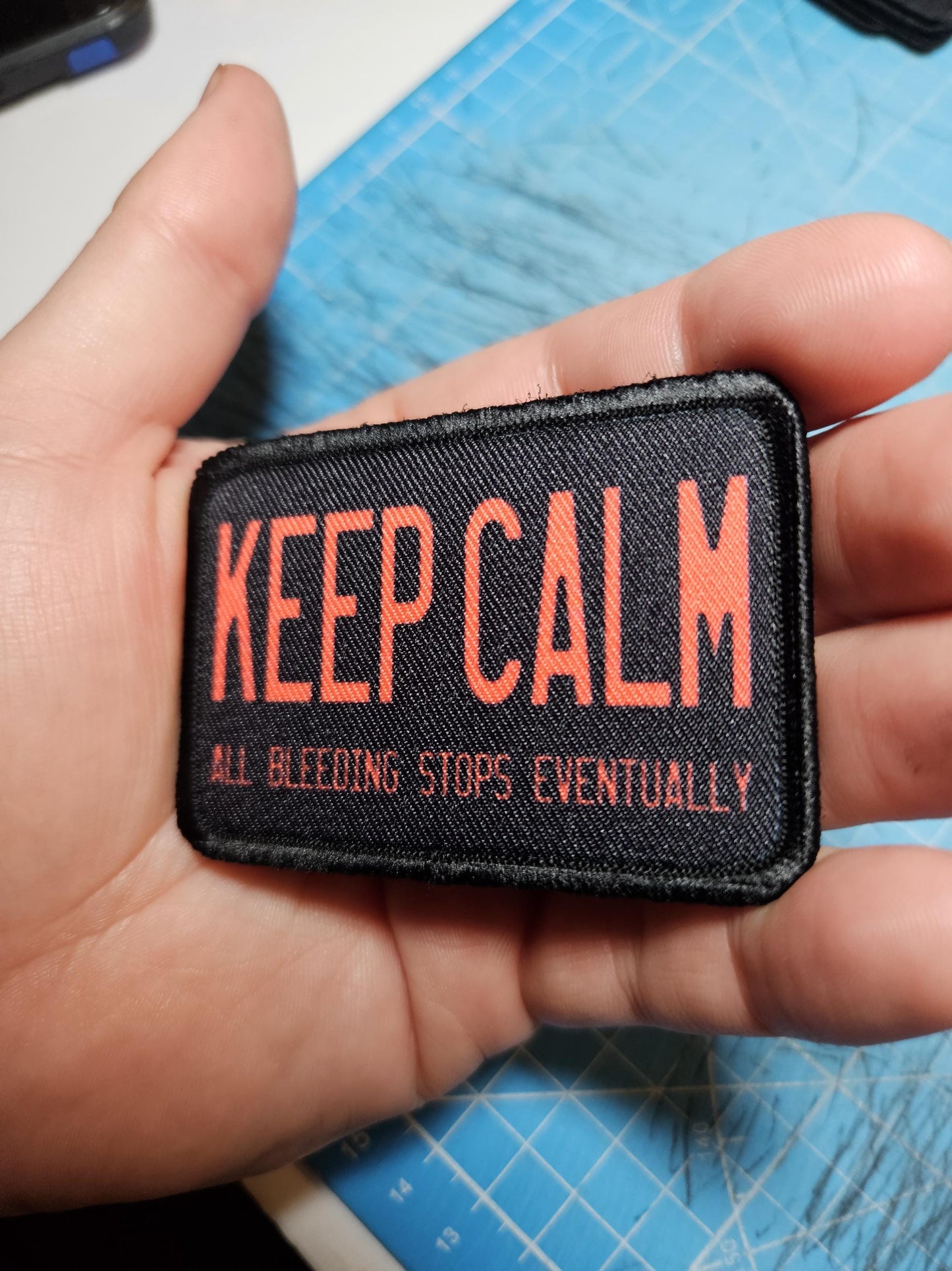Keep calm all bleeding stops eventually first aid removable patch 2"x3" morale patch with hook and loop backing