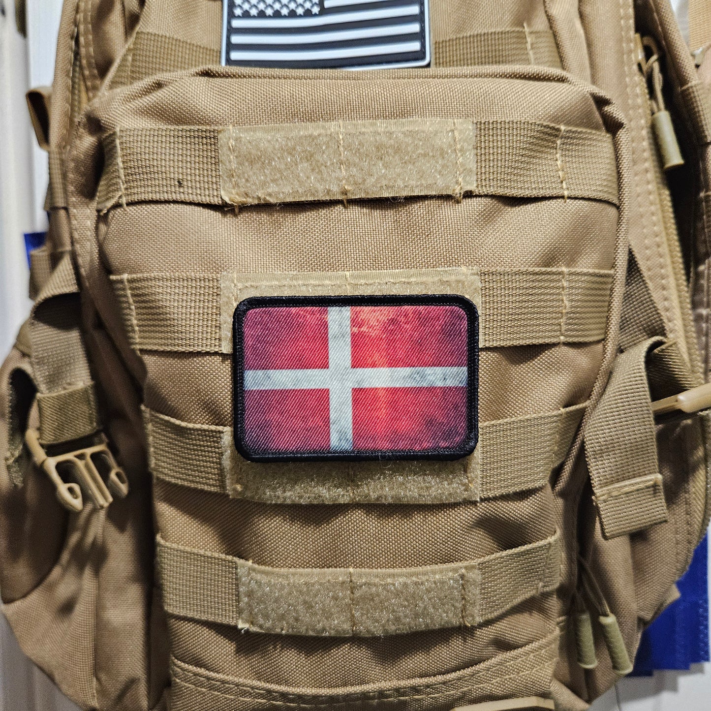 Distressed Denmark flag 2"x3" morale patch with hook and loop backing