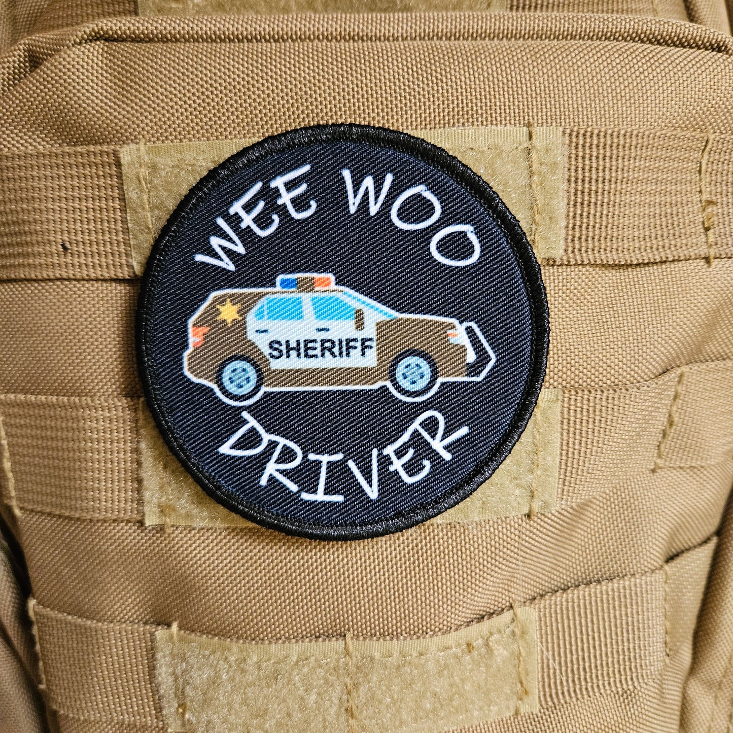 Wee woo driver sheriff suv driver funny 3" circle removable morale patch with hook and loop backing