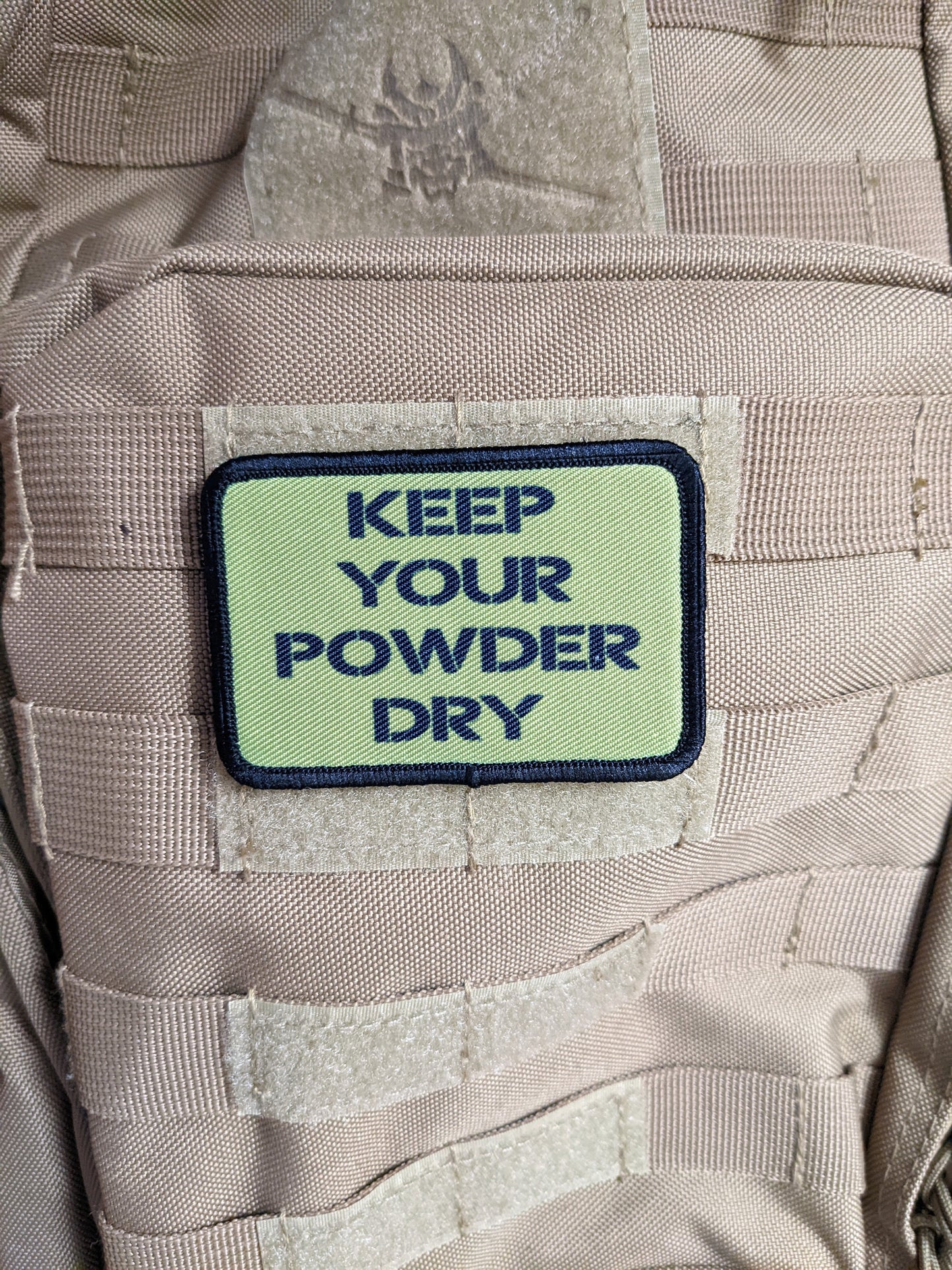 Keep your powder dry olive green 2"x3" morale patch with hook and loop backing military