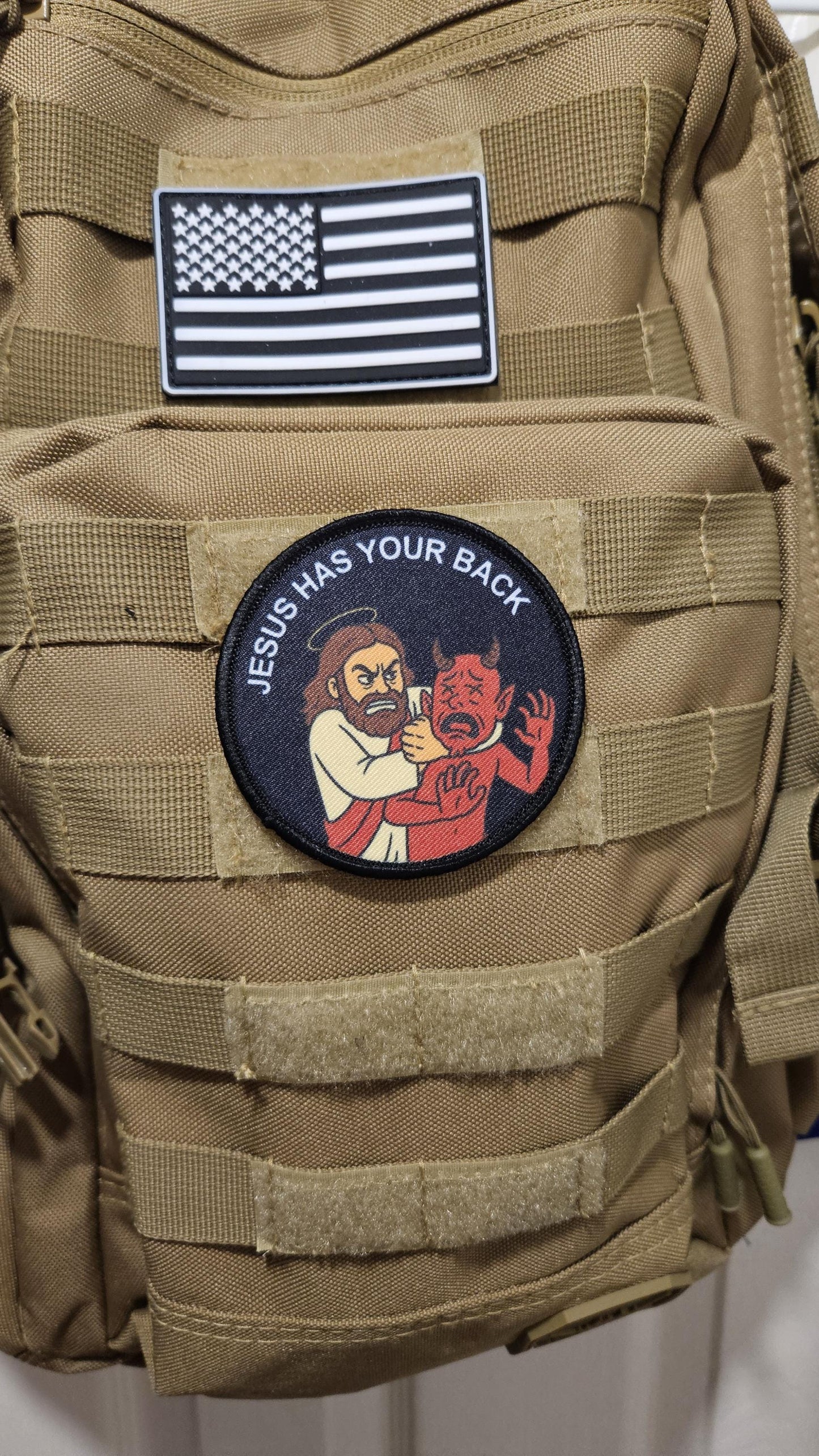 Jesus has your back funny 3" circle removable morale patch with hook and loop backing