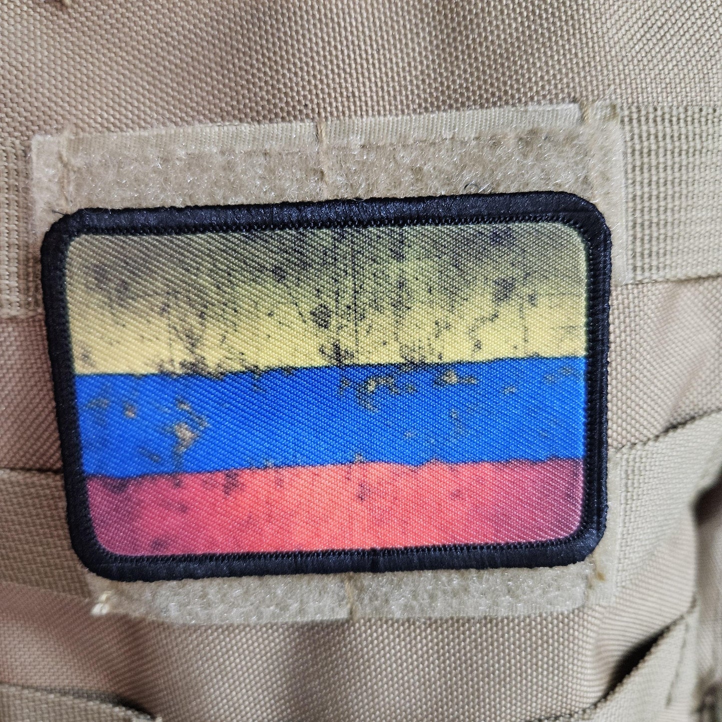distressed Colombian flag 2"x3" morale patch with hook and loop backing
