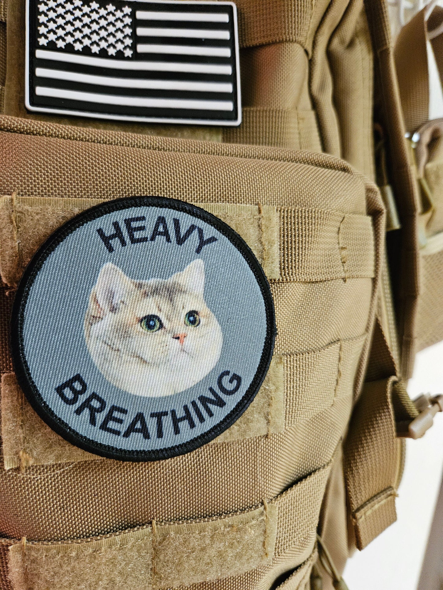 Heavy breathing big chungis fat cat meme 3" circle removable morale patch with hook and loop backing