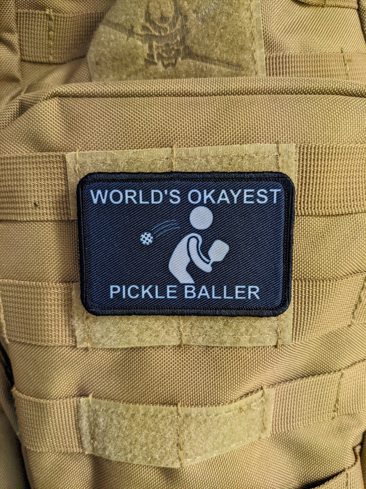 World's Okayest pickle ball player funny meme 2"x3" morale patch with hook and loop backing
