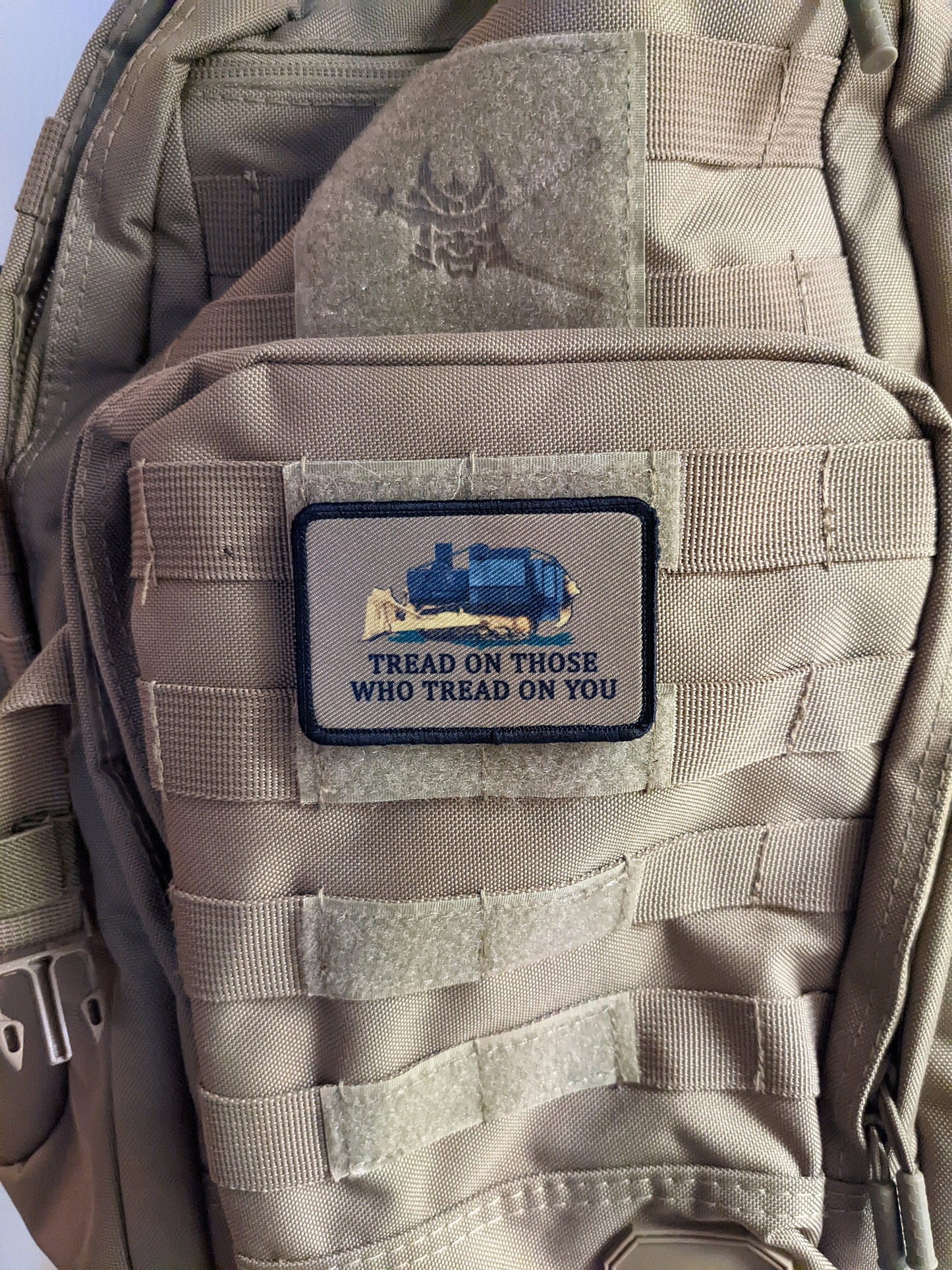 Coyote brown Killdozer tread on those who tread on you Gadsden flag meme 2"x3" removable morale patch with hook and loop backing