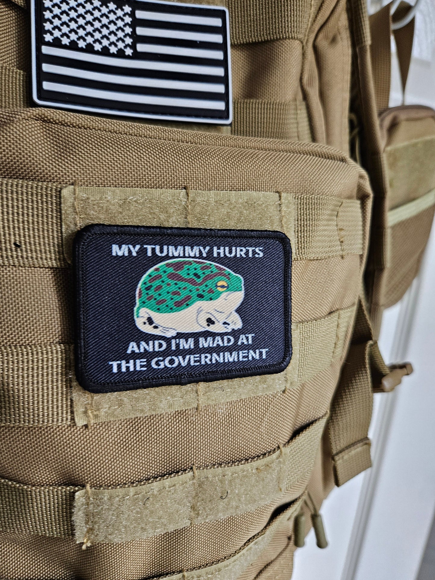 My tummy hurts and im mad at the government frog meme 2"x3" removable morale patch with hook and loop backing