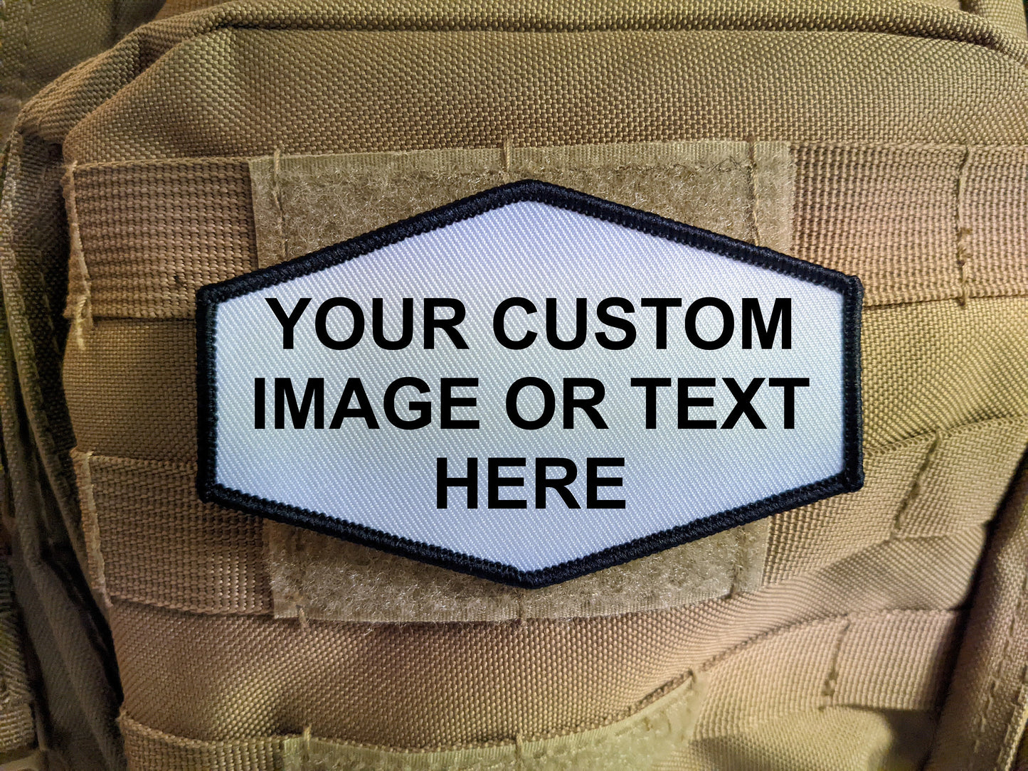 Custom choose your own image or text 4"x2.5" Hexagon shaped hook & loop morale patch