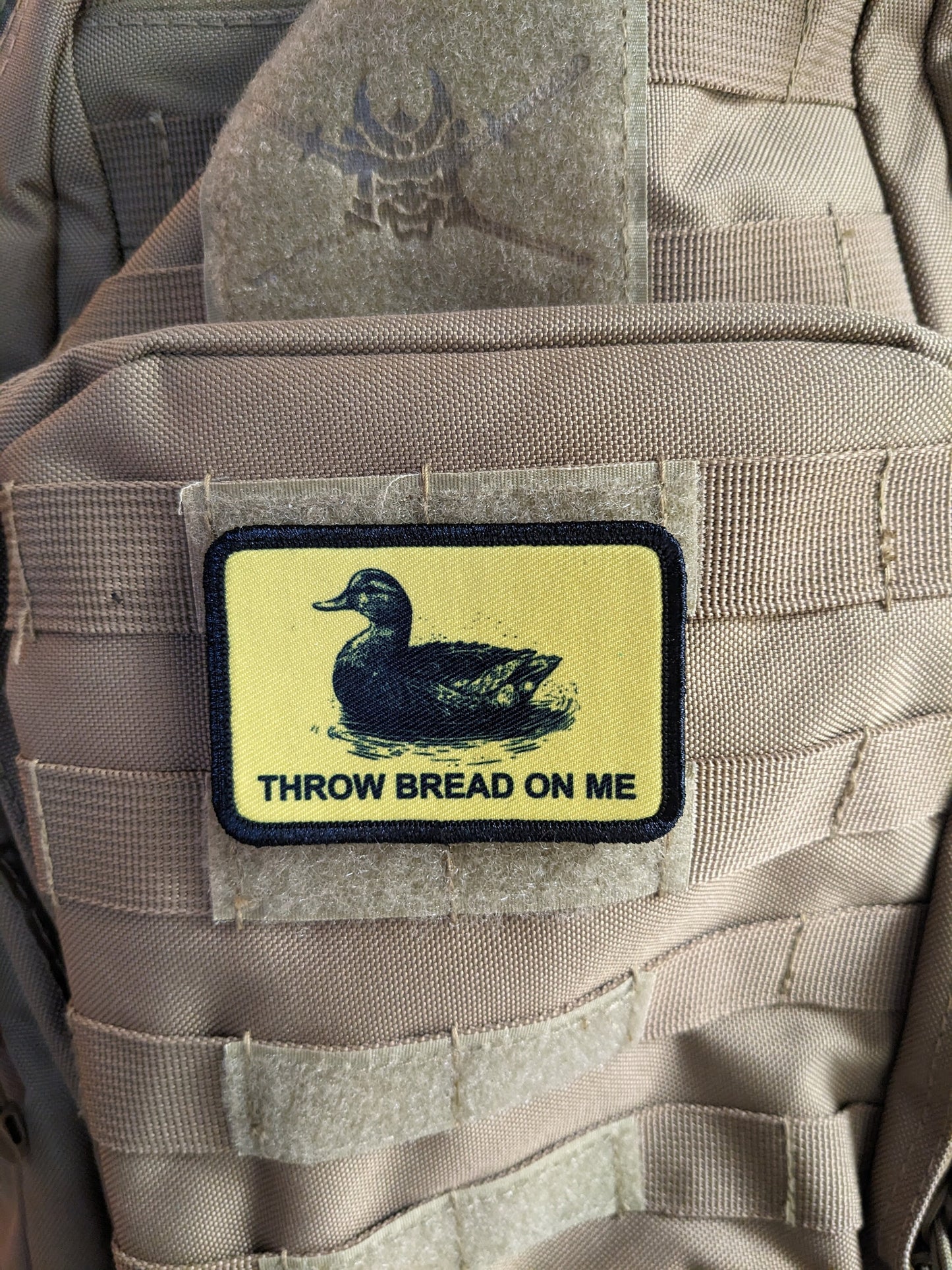 Throw bread on me Gadsden flag duck meme 2"x3" removable morale patch with hook and loop backing