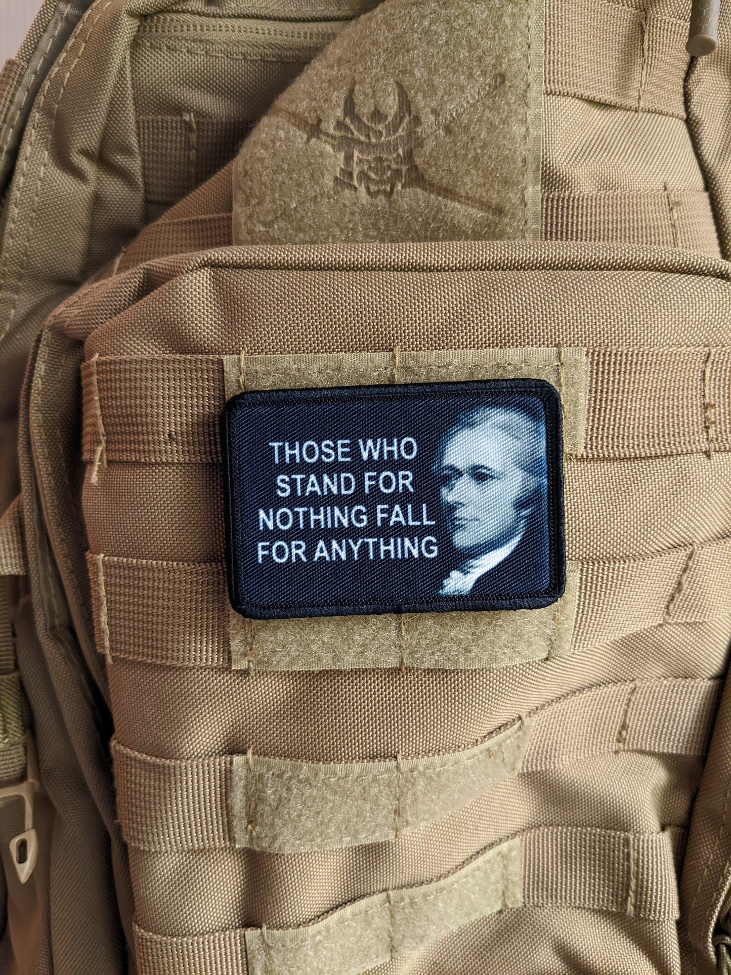 Alexander Hamilton those who stand for nothing fall for anything 2"x3" removable morale patch with hook and loop backing