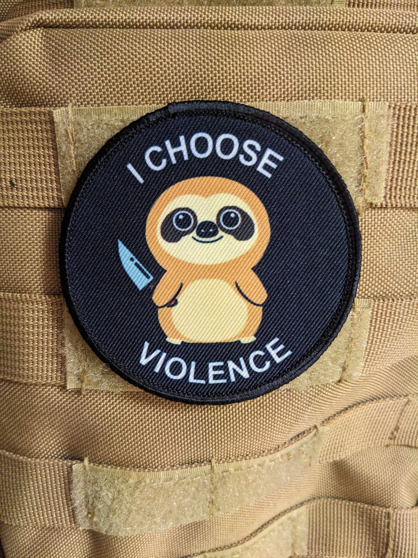 Cute sloth I choose violence meme 3" circle removable morale patch with hook and loop backing