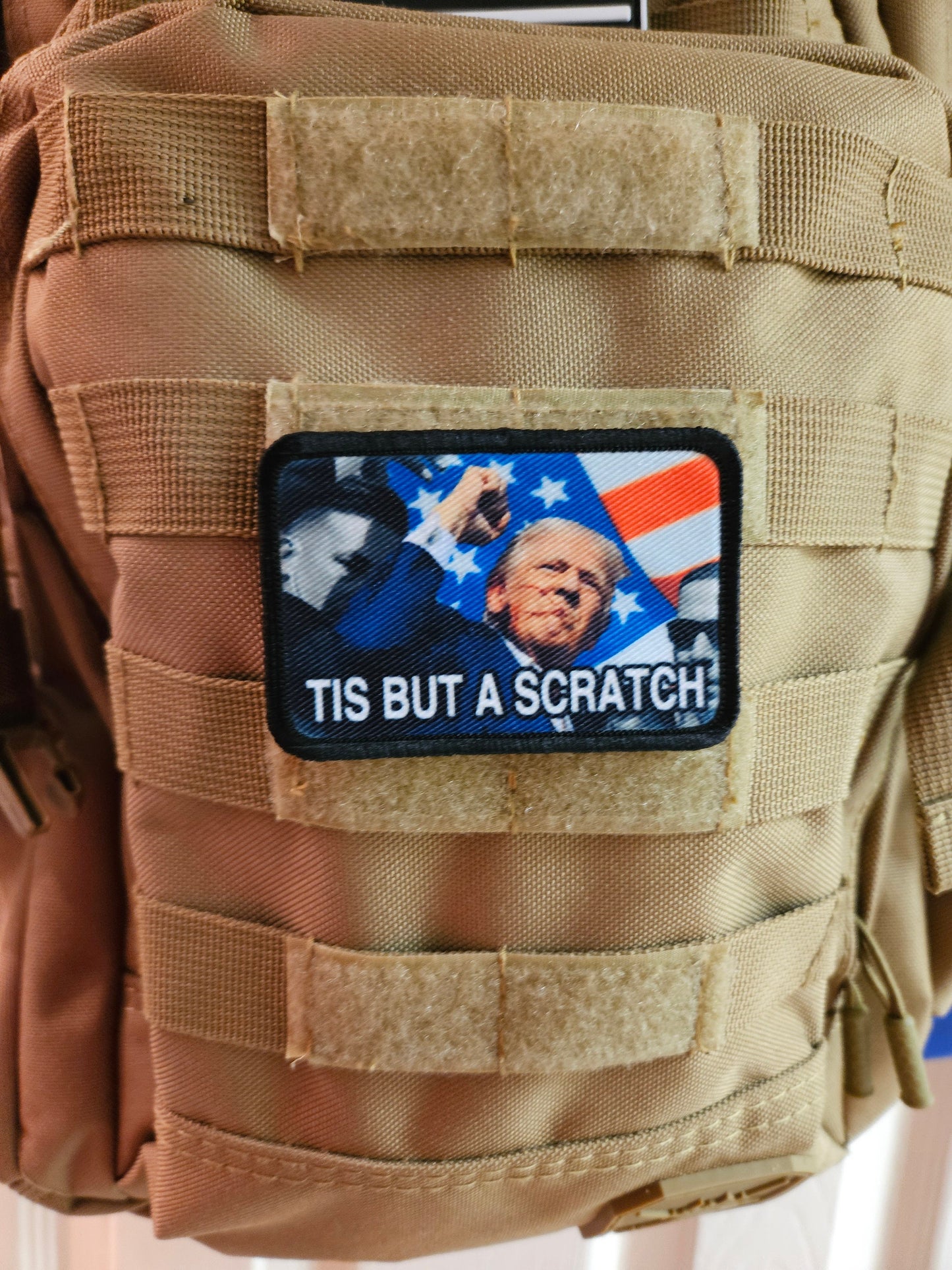 donald fist in the air tis but a scratch 2"x3" morale patch with hook and loop backing military joke meme
