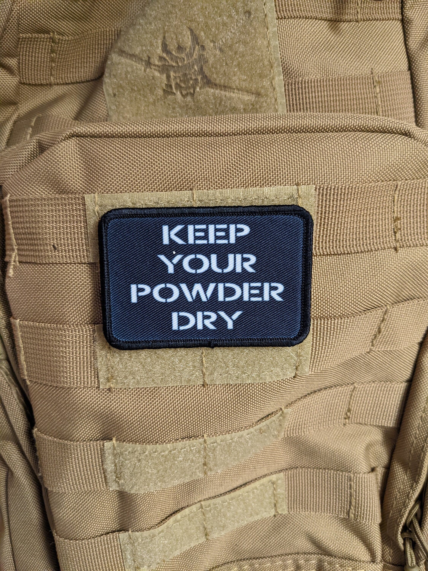 Keep your powder dry black 2"x3" morale patch with hook and loop backing military