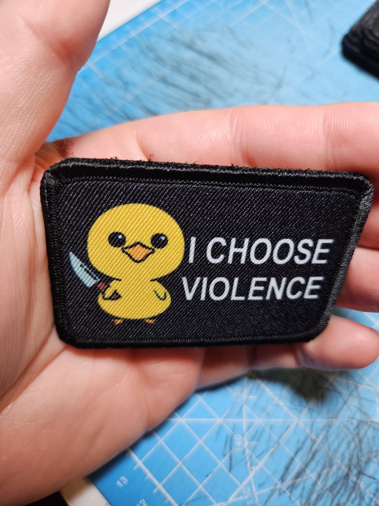 Cute I choose violence duckling meme 2"x3" morale patch with hook and loop backing