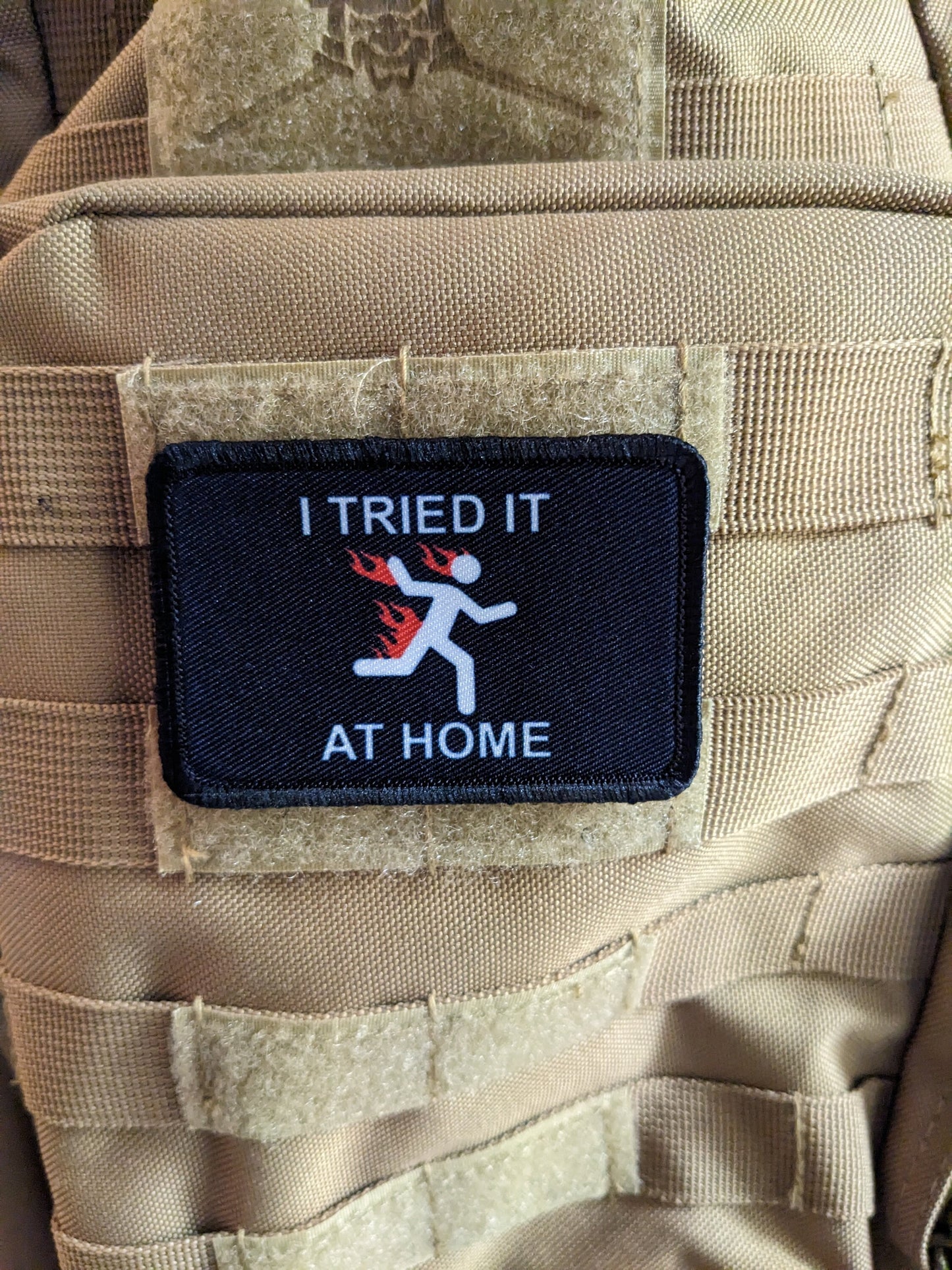 Don't try this at home joke meme 2"x3" morale patch with hook and loop backing