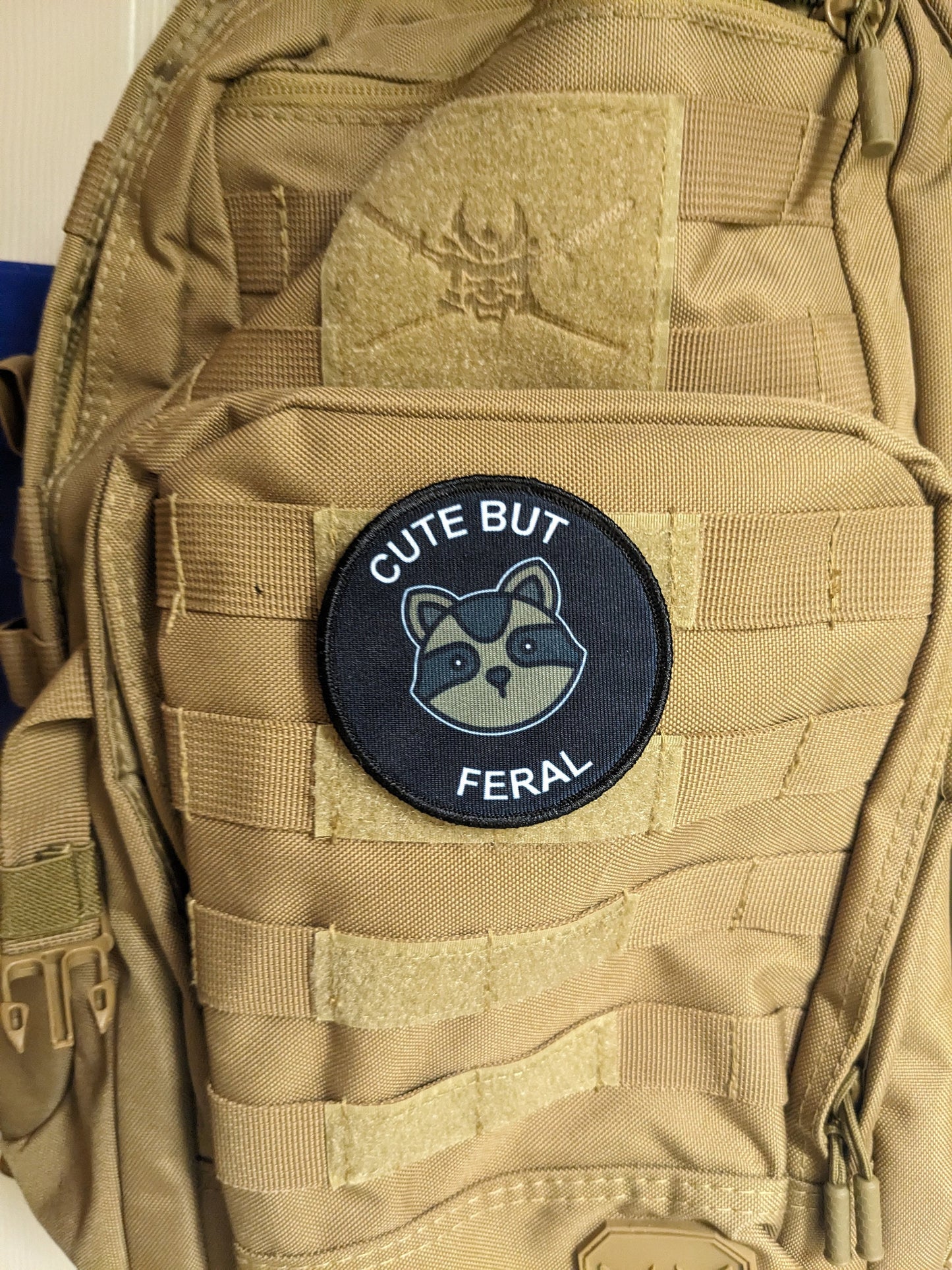 Cute but feral raccoon meme 3" circle removable morale patch with hook and loop backing