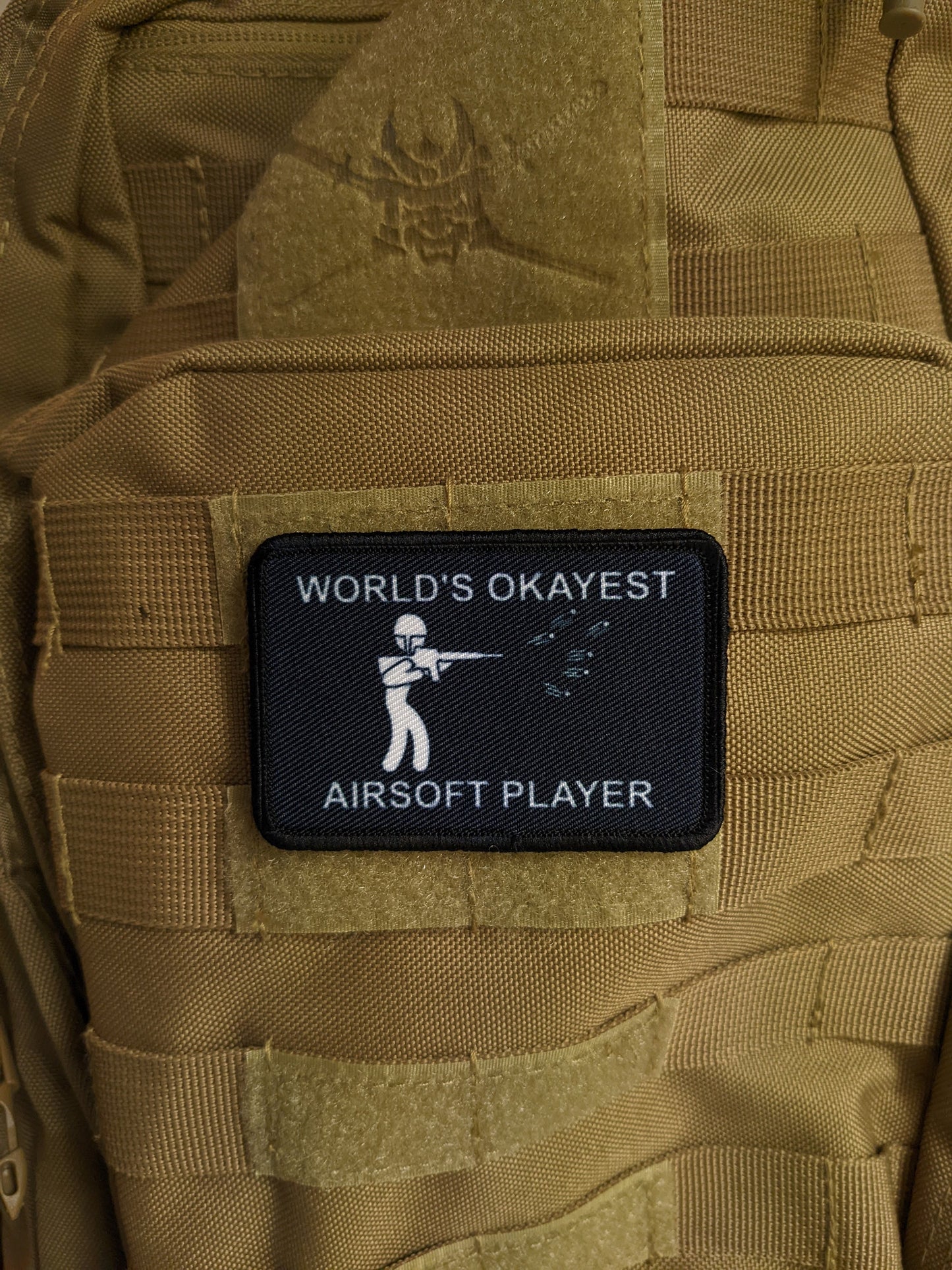World's Okayest airsoft player funny meme 2"x3" morale patch with hook and loop backing