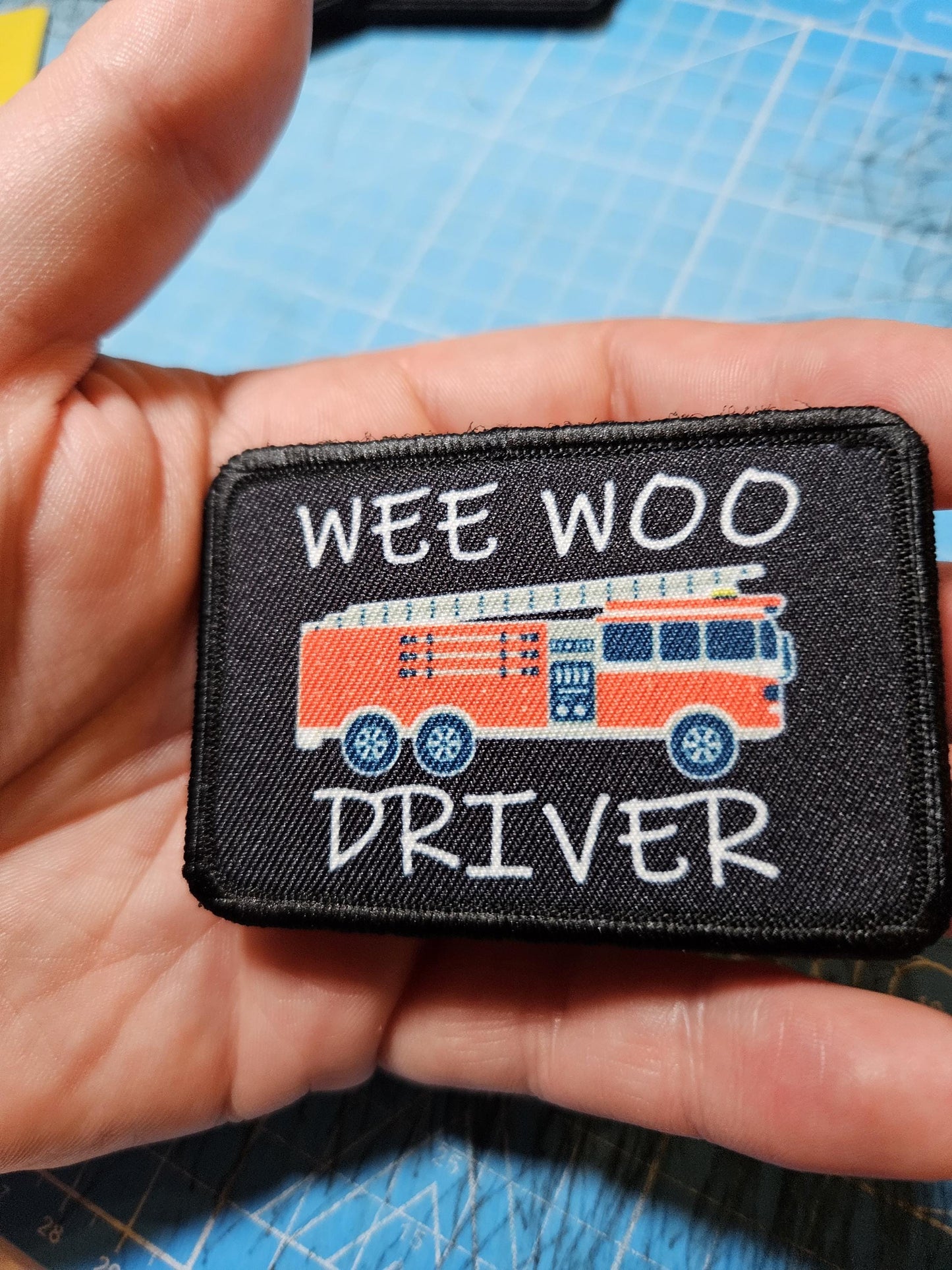 Wee woo driver fire engine firefighter EMT driver funny 2"x3" removable morale patch with hook and loop backing