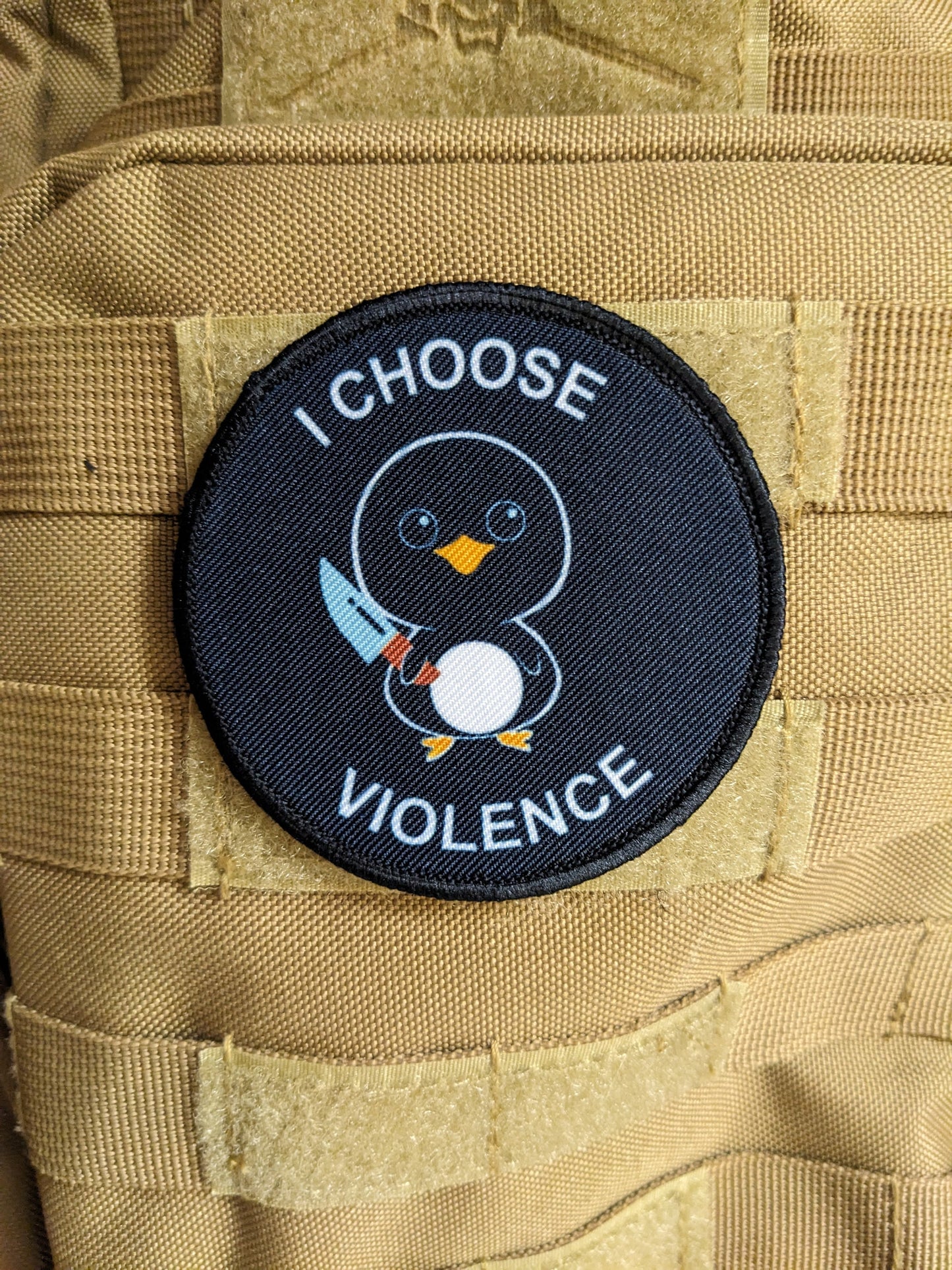 Cute penguin I choose violence meme 3" circle removable morale patch with hook and loop backing