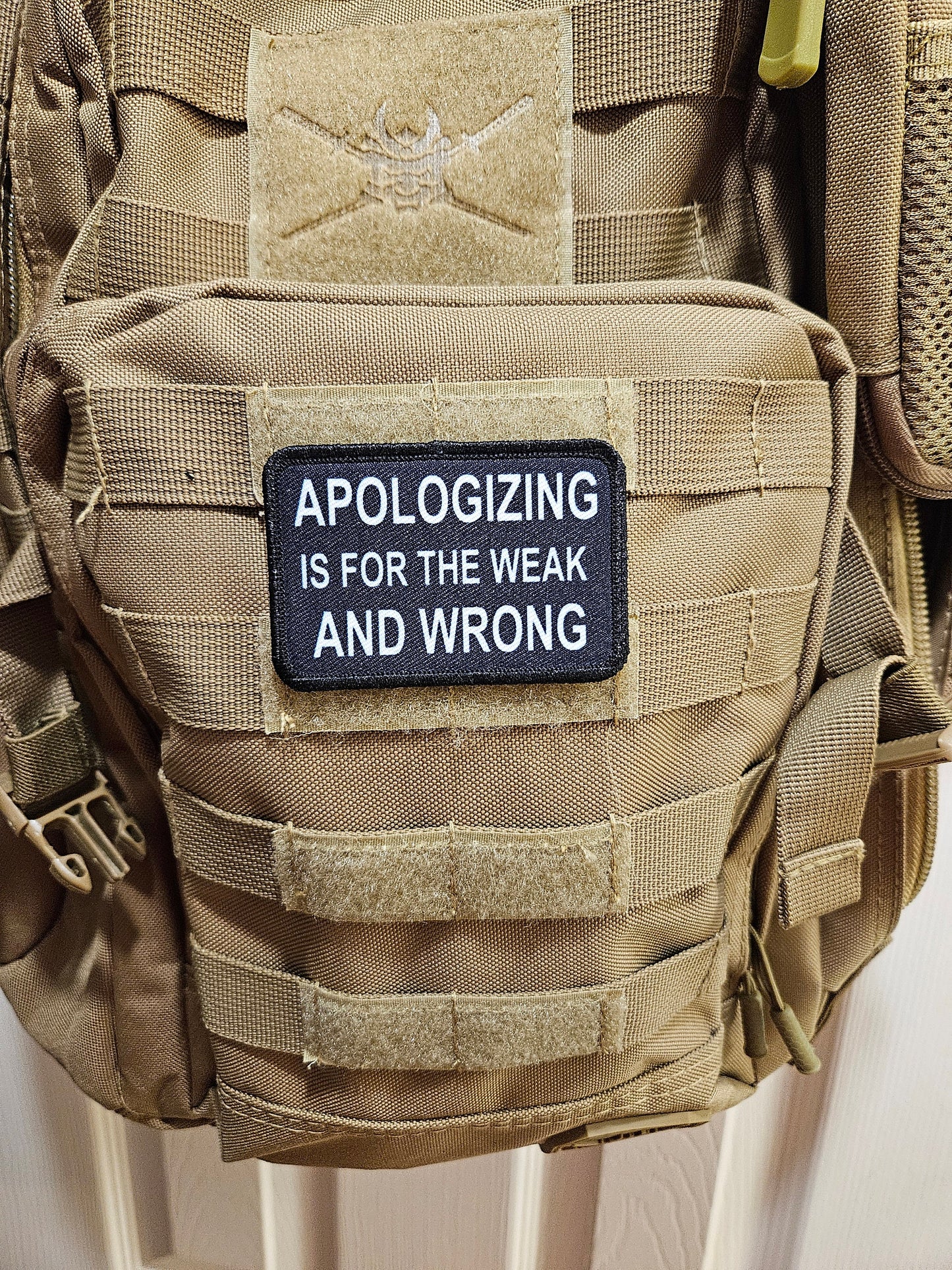 Apologizing is for the weak and wrong meme 2"x3" removable morale patch with hook and loop backing