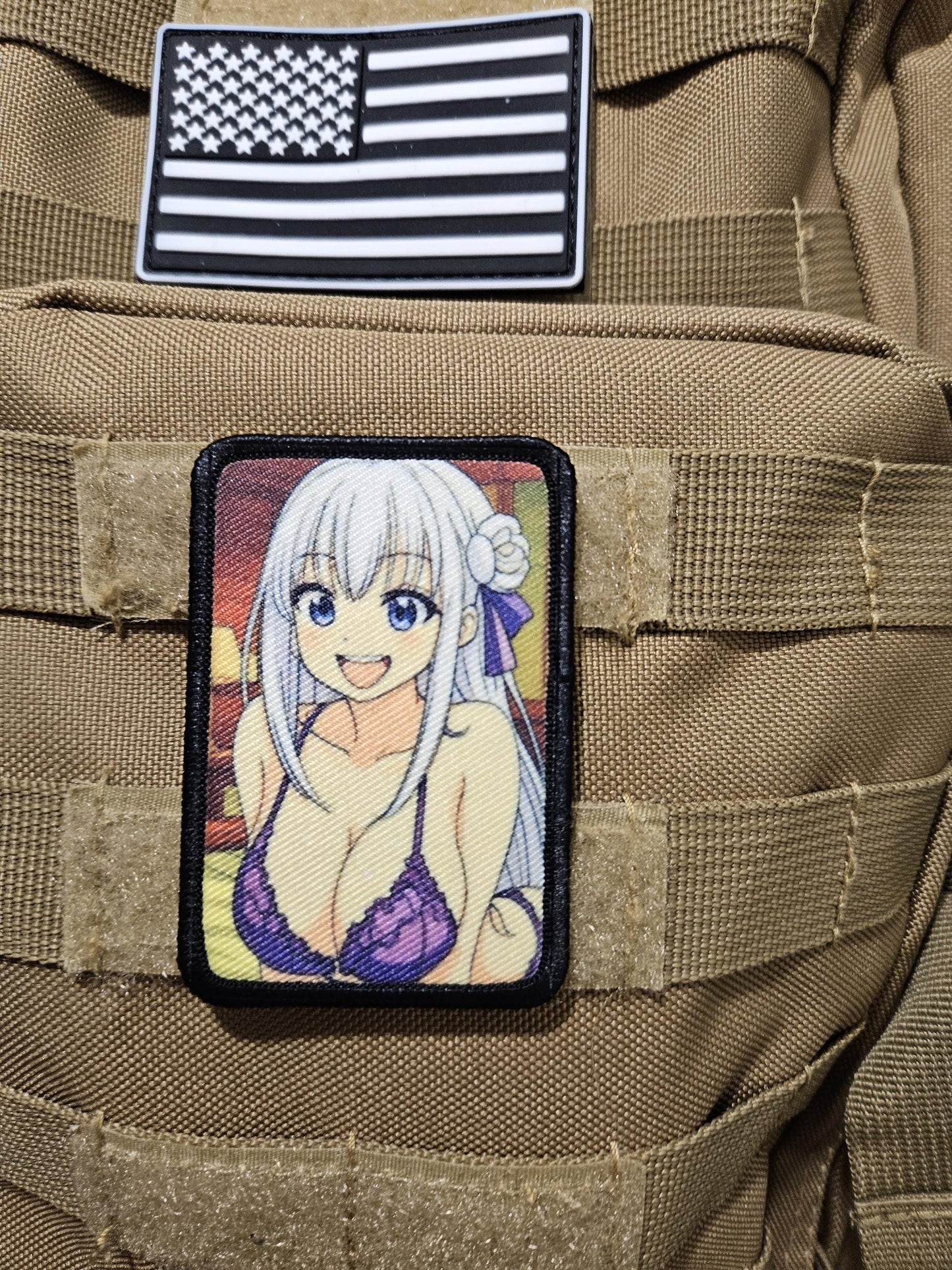 Happy Sexy Anime girl in lingerie white hair waifu 2"x3" removable morale patch with hook and loop backing