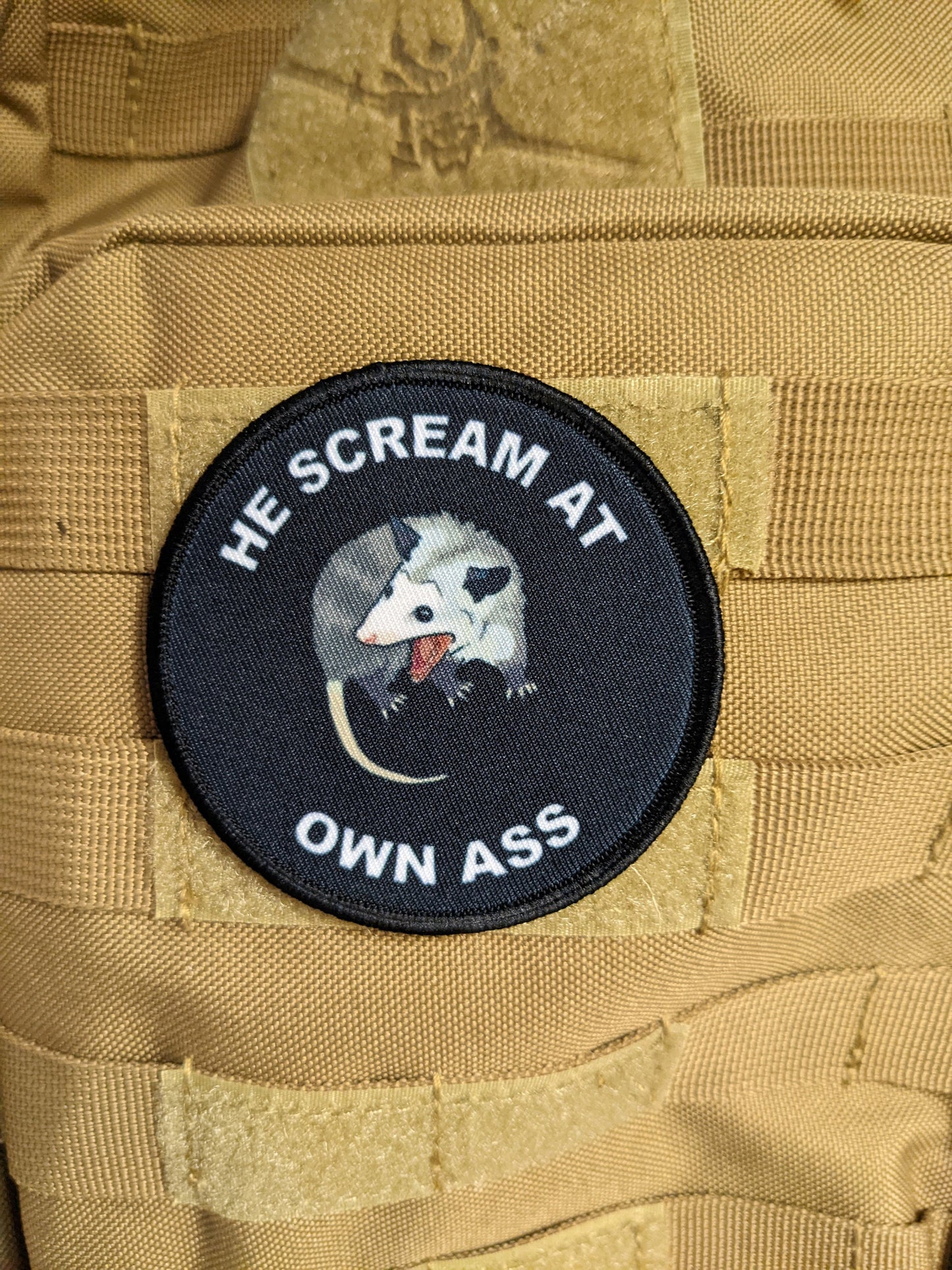 He screams at own ass possum meme 3" circle morale patch with hook and loop backing
