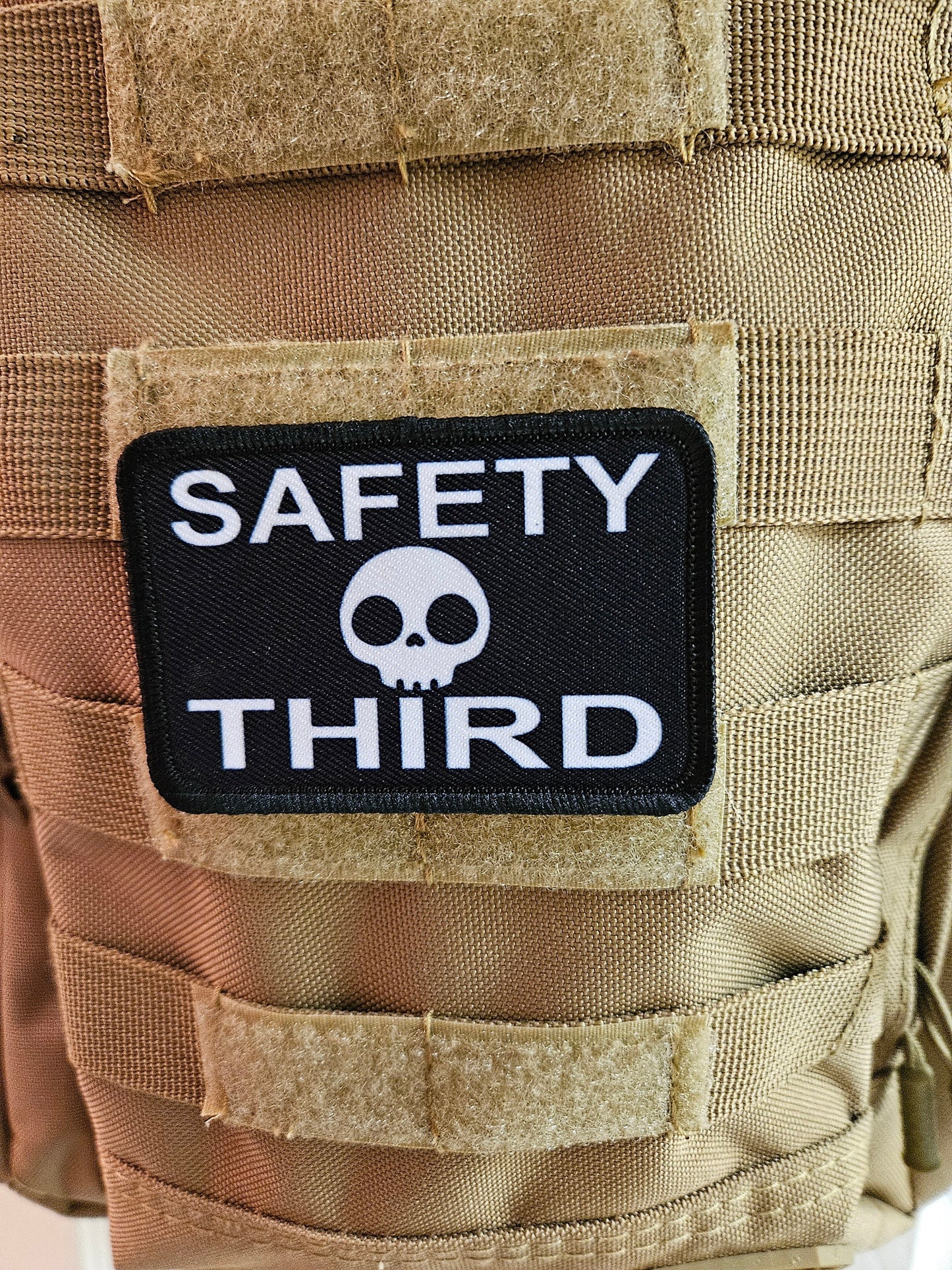 Safety third meme 2"x3" removable morale patch with hook and loop backing blue collar