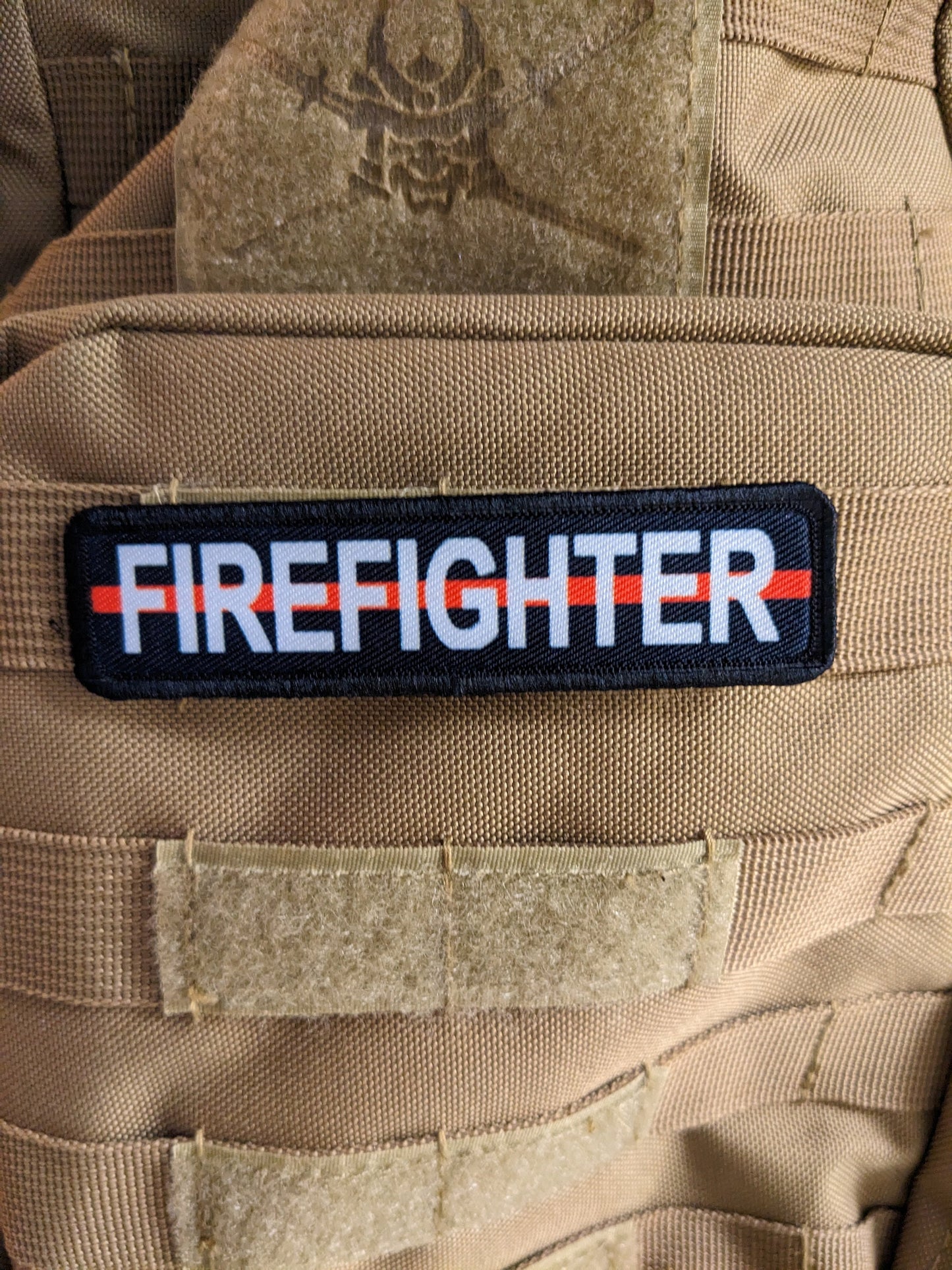 Firefighter red line 1"x4" removable morale patch with hook and loop backing good for back of operator hats
