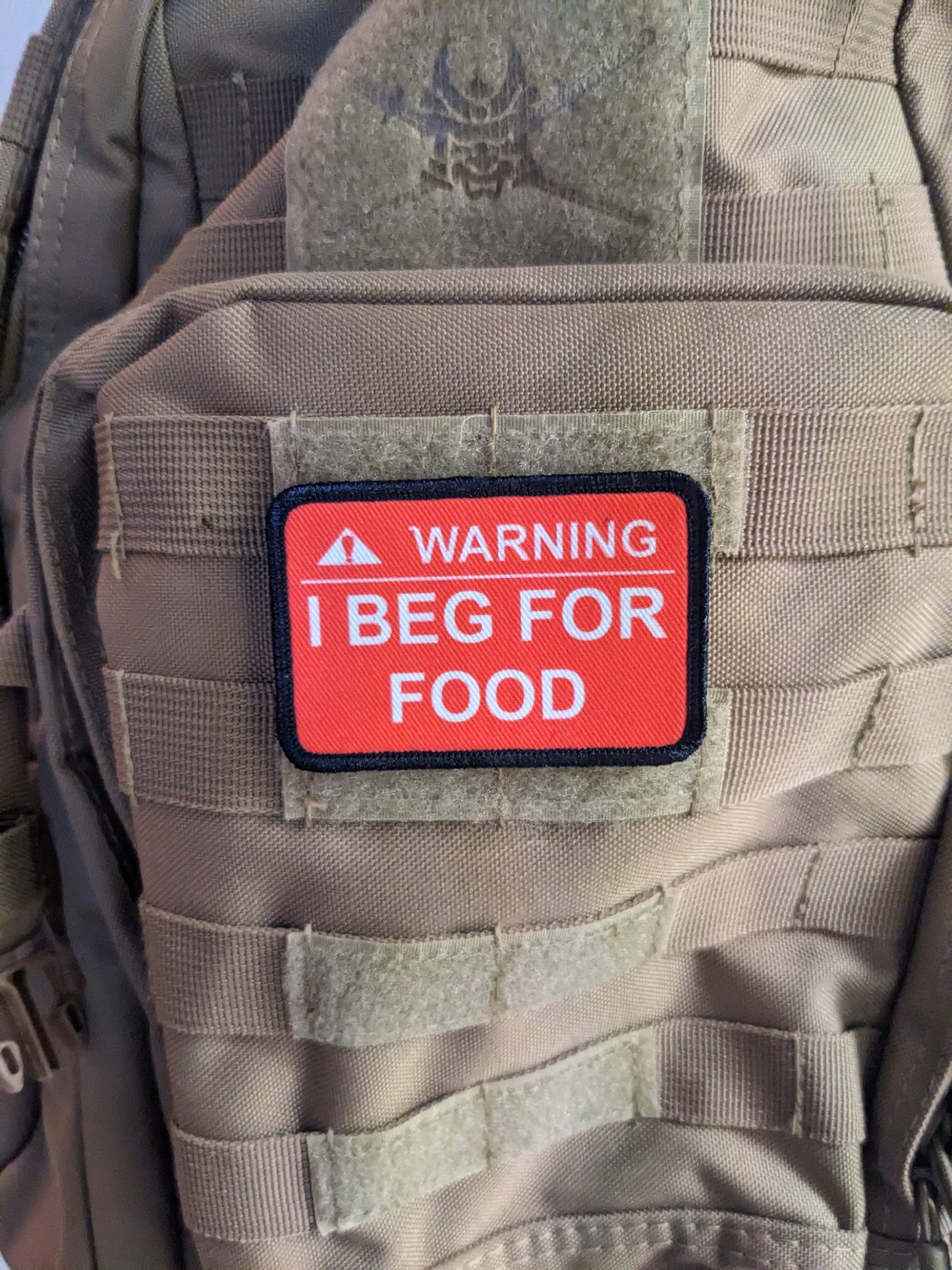 Warning I beg for food patch 2"x3" removable morale patch with hook and loop backing