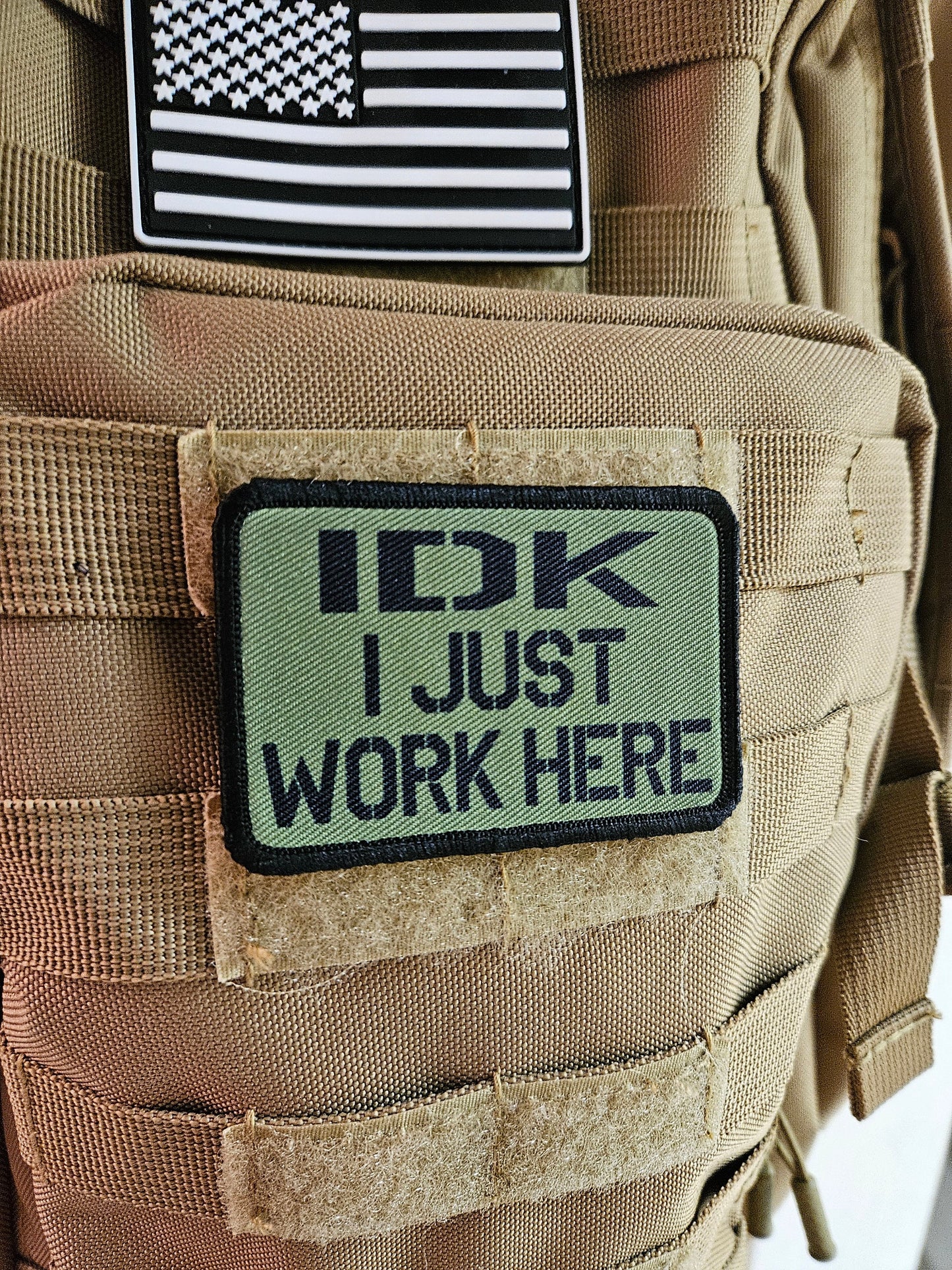 Idk i just work here funny meme edc olive green 2"x3" morale patch with hook and loop backing military joke meme