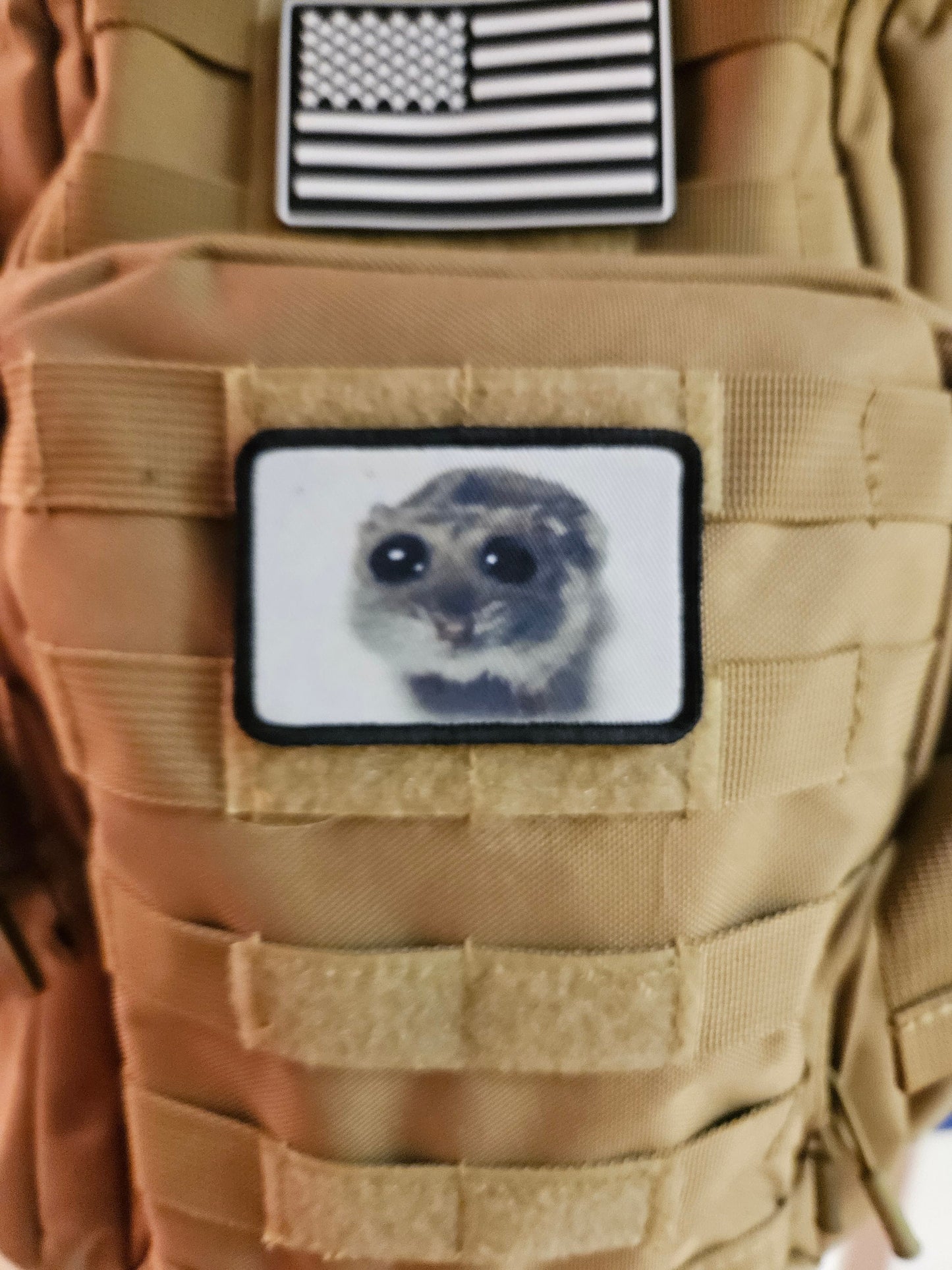 Sad hamster meme 2"x3" removable morale patch with hook and loop backing