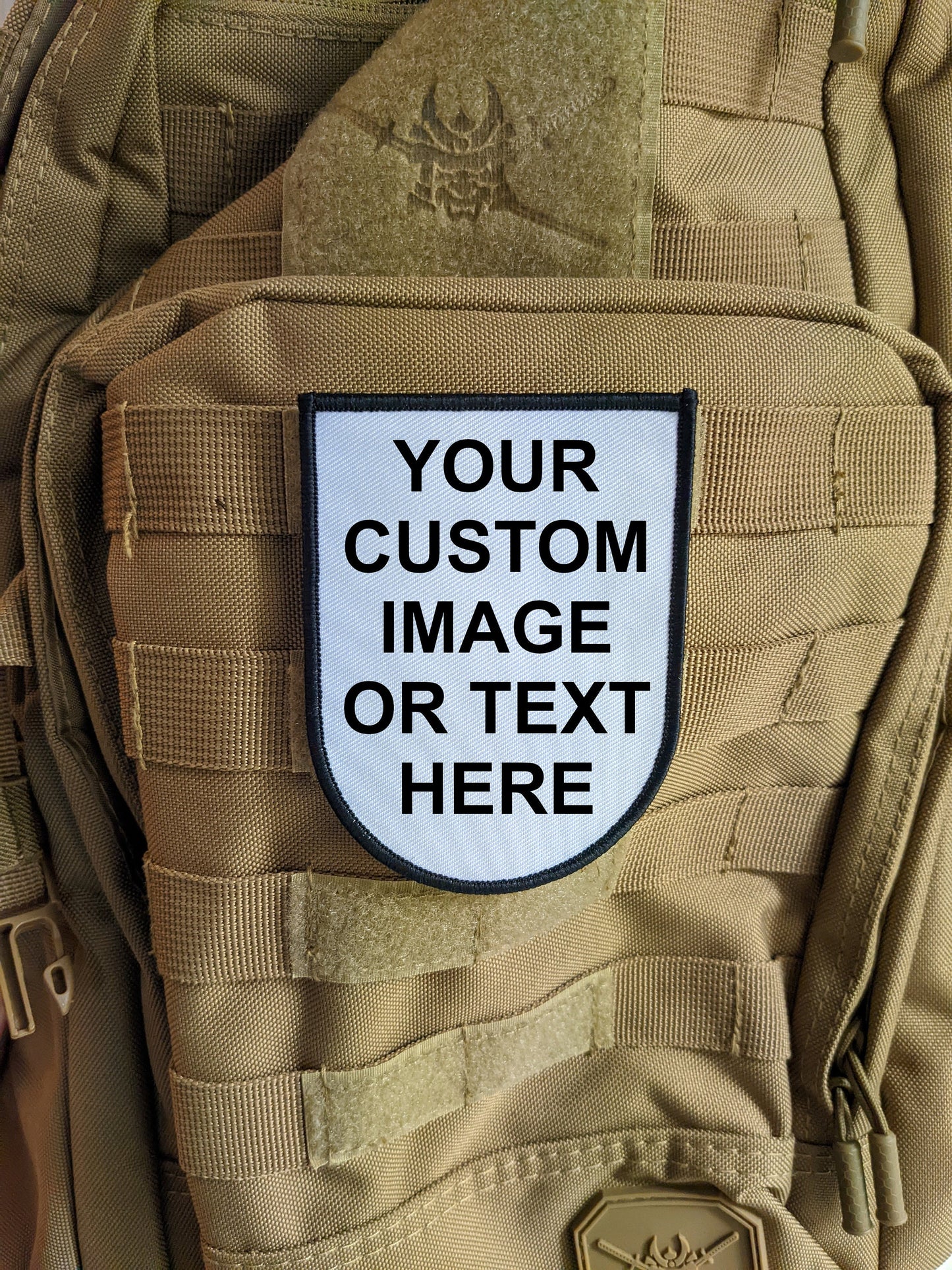 Custom choose your own image or text 3"x4" shield shaped hook & loop morale patch
