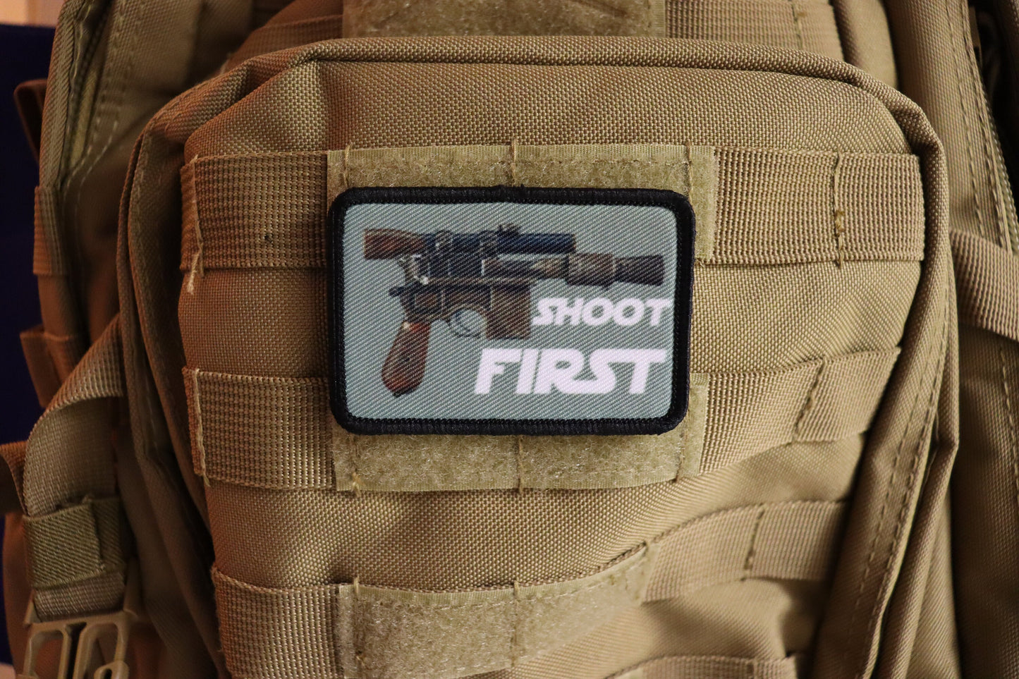 Shoot first sci fi blaster 2"x3" morale patch with hook and loop backing