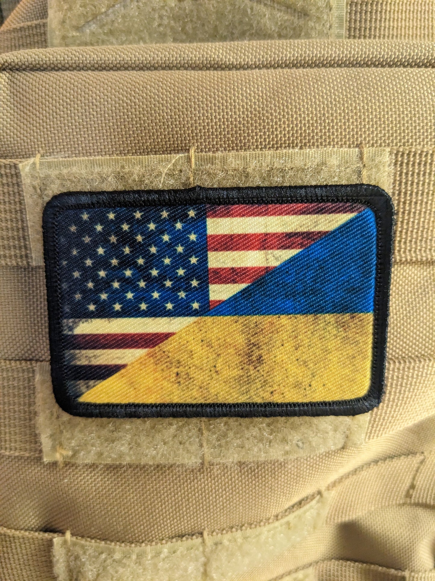 distressed USA Ukraine Flag patriotic America 2"x3" morale patch with hook and loop backing