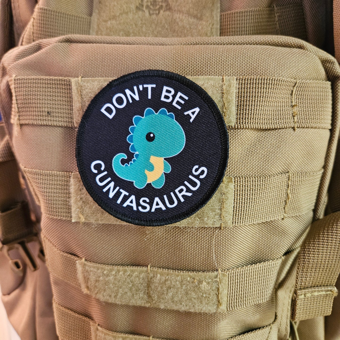 Don't be a cuntasaurus dinosaur meme green version 3" circle removable morale patch with hook and loop backing