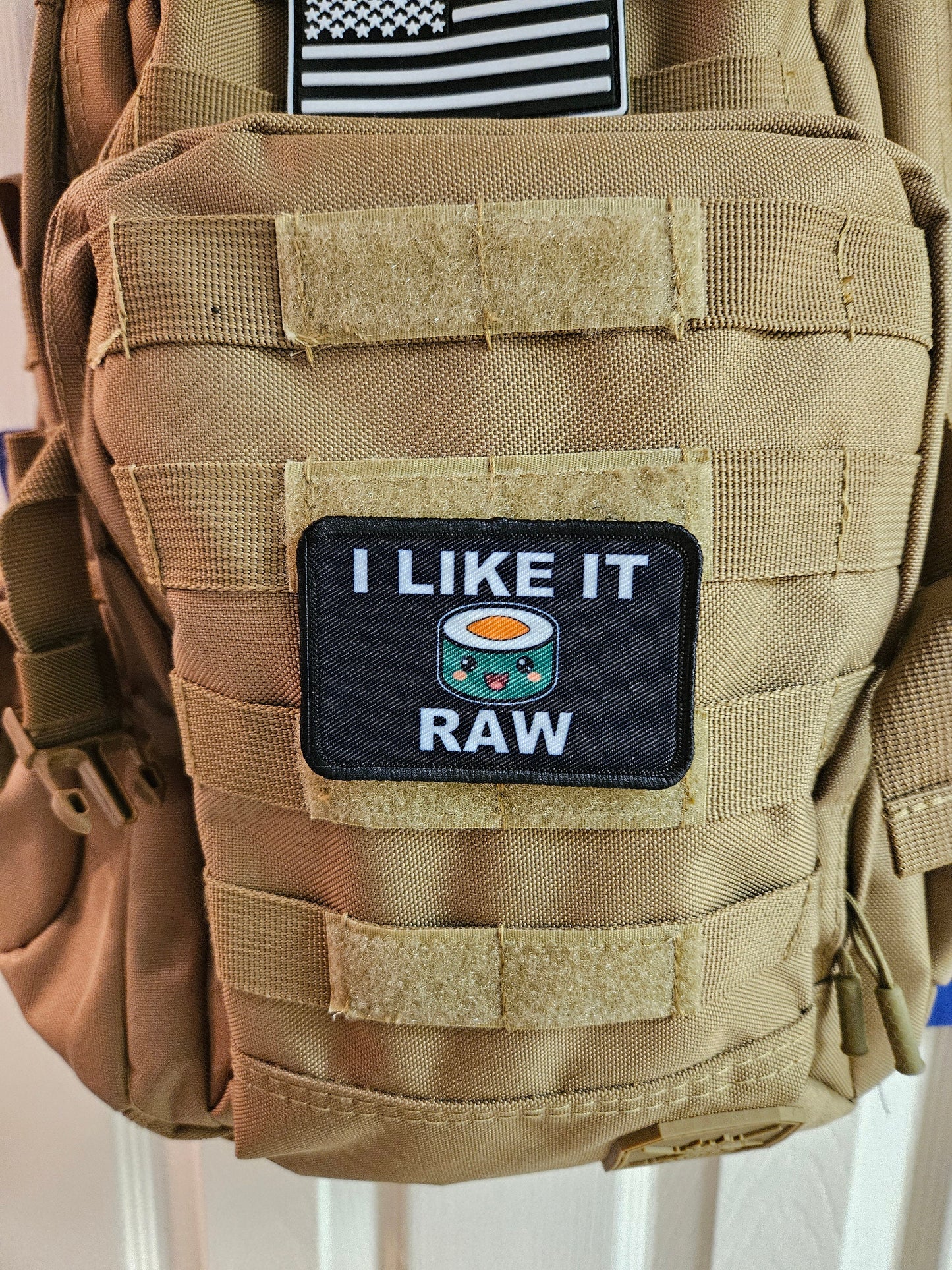I like it raw sushi enthusiast meme cute making roll 2"x3" morale patch with hook and loop backing