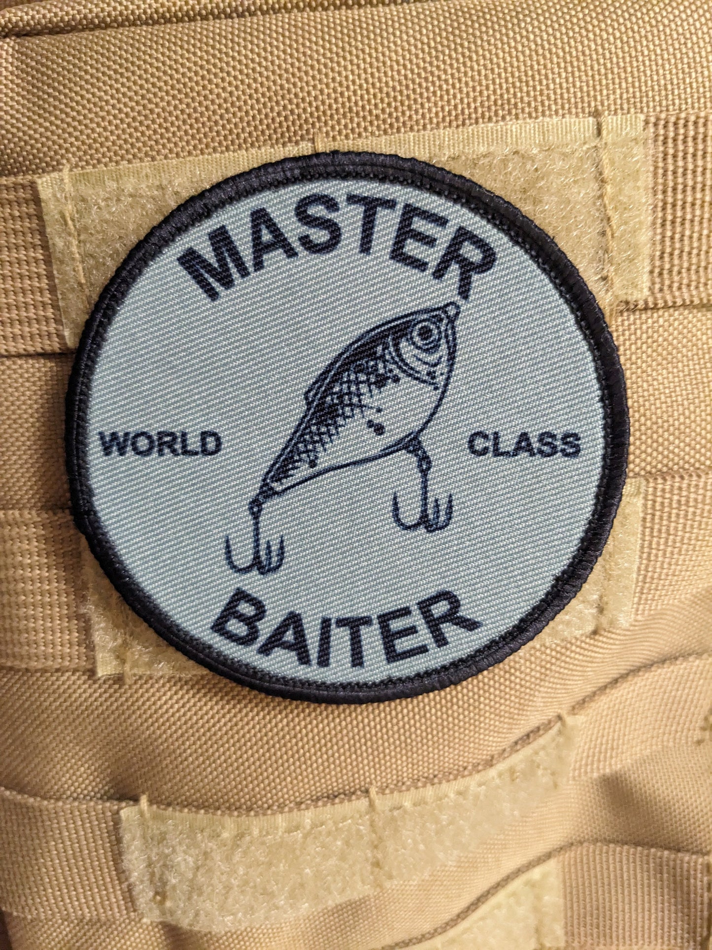 Master baiter fishing joke meme 3" circle removable morale patch with hook and loop backing